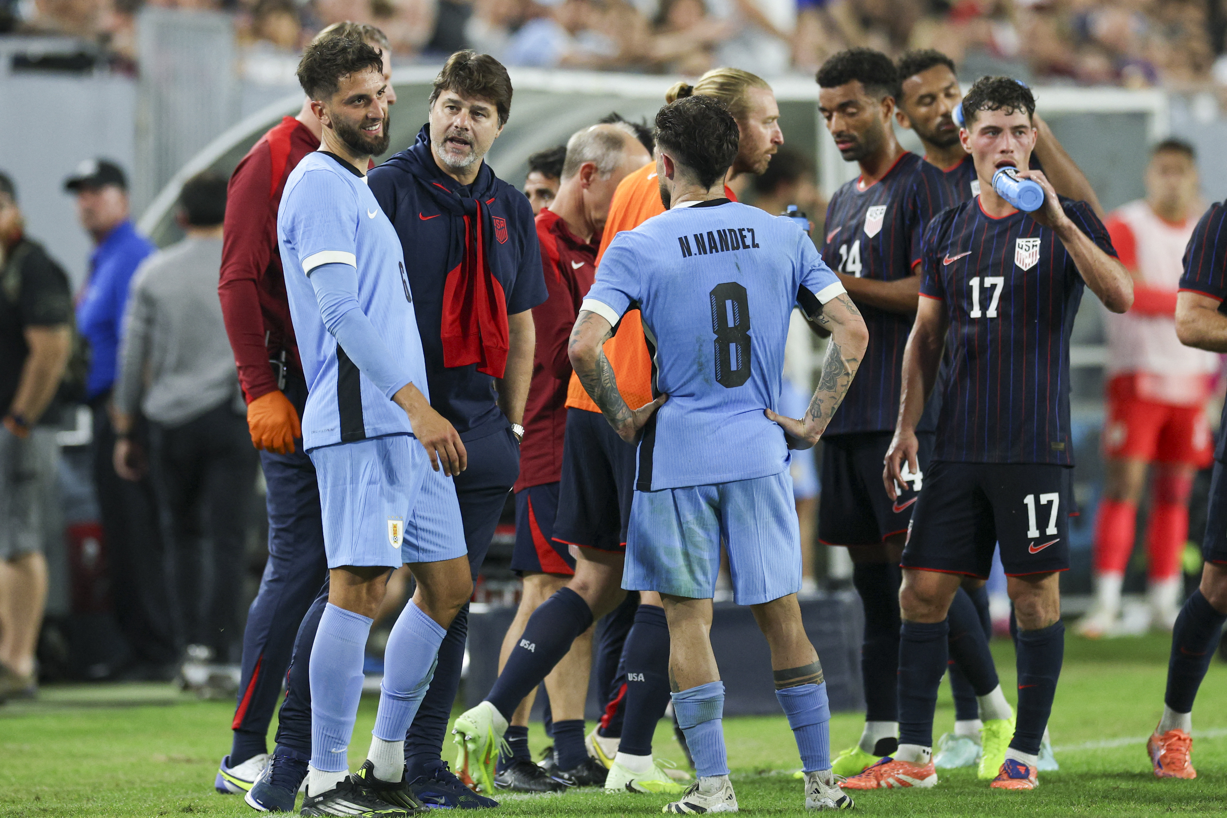 Nov 18, 2025; Tampa, Florida, USA; United States head coach Mauricio Pochettino reacts to Uruguay midfielder Rodrigo Bentancur (6) after he received a red card in the second half during an international friendly at Raymond James Stadium. Mandatory Credit: