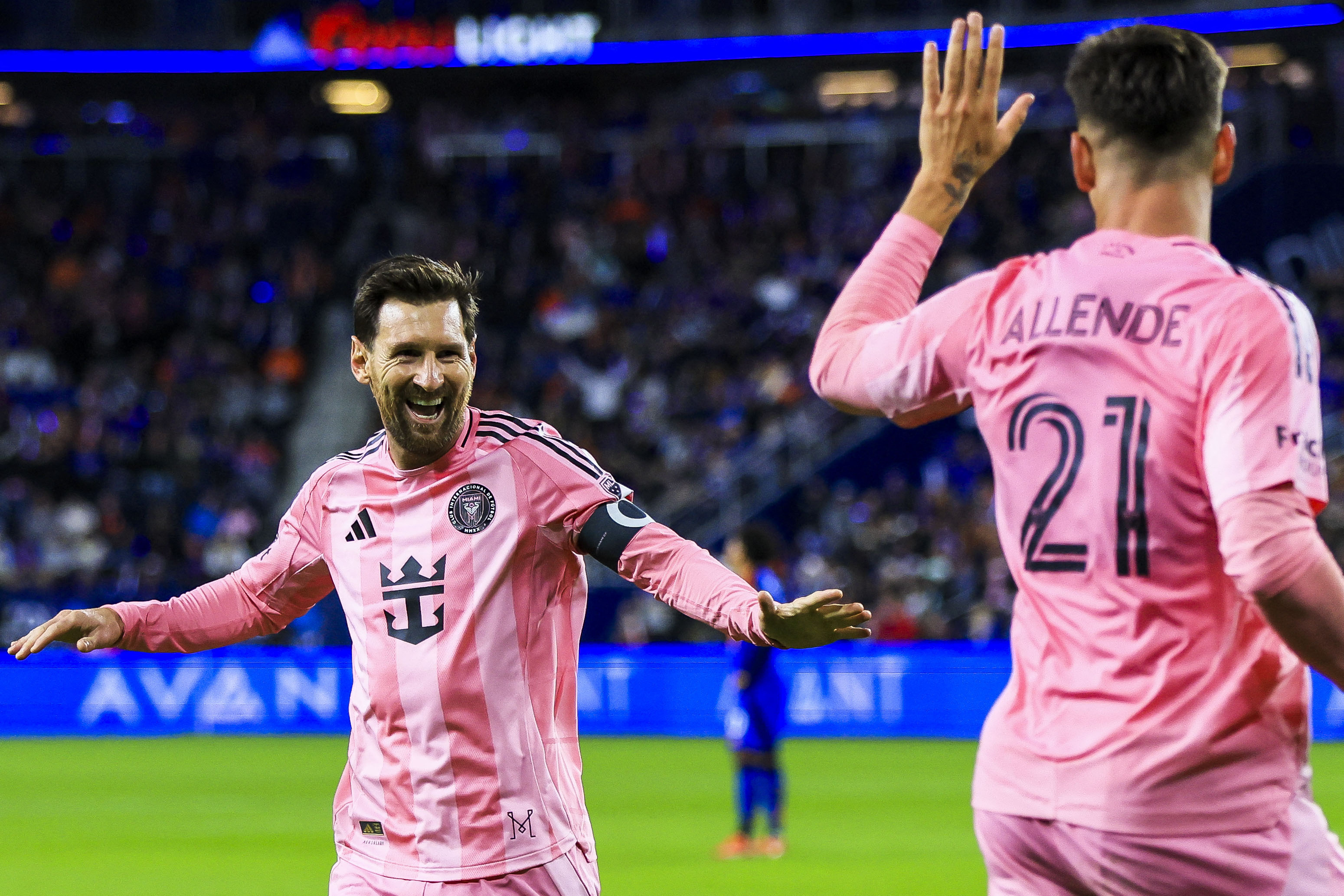 Nov 23, 2025; Cincinnati, Ohio, USA; Inter Miami CF forward Lionel Messi (10) reacts after forward Tadeo Allende (21) scores a goal against FC Cincinnati in the second half at TQL Stadium. Mandatory Credit: Katie Stratman-Imagn Images