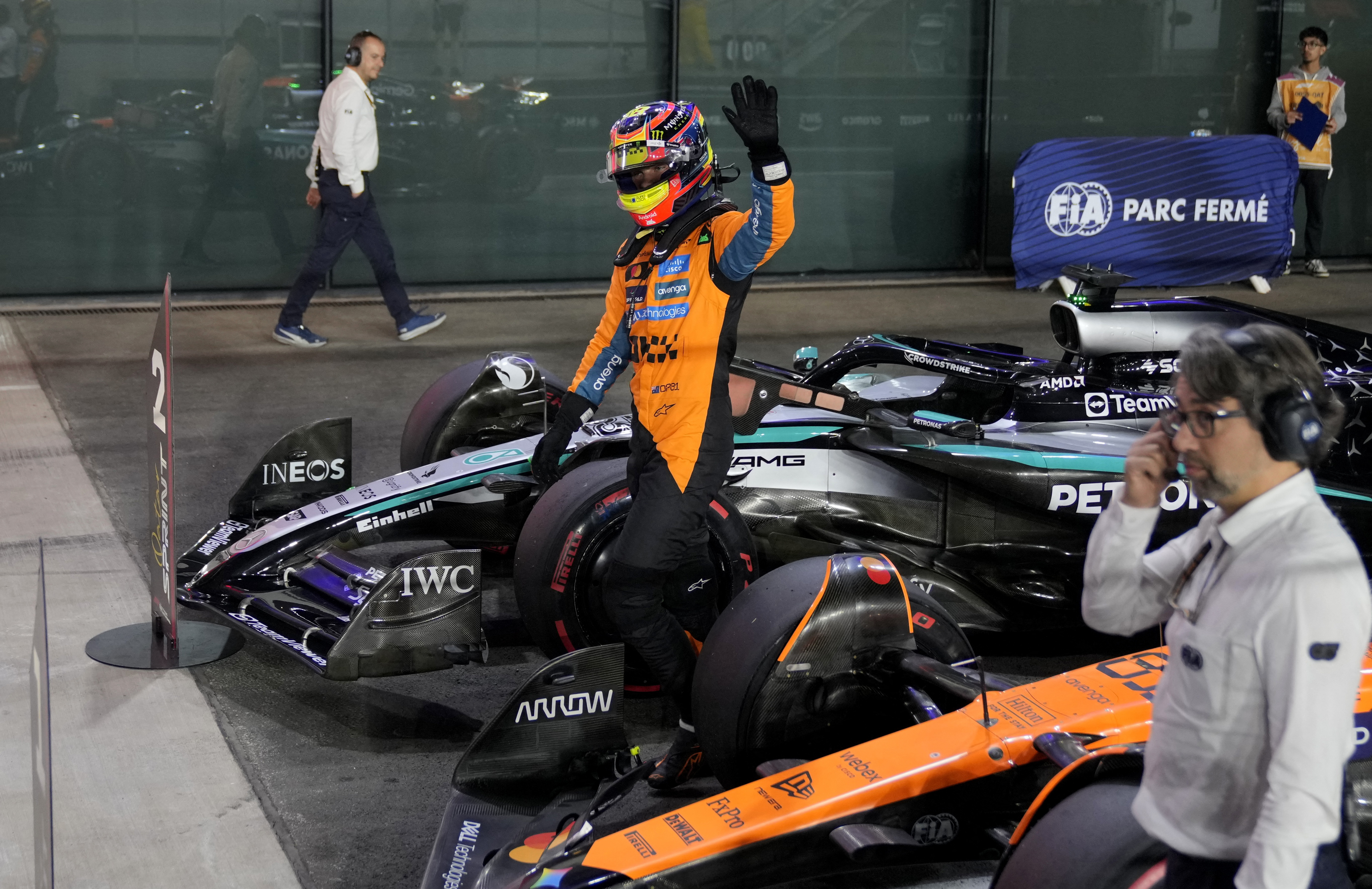 Formula One F1 - Qatar Grand Prix - Lusail International Circuit, Lusail, Qatar - November 28, 2025 McLaren's Oscar Piastri celebrates after qualifying in pole position for the sprint race Pool via REUTERS/Altaf Qadri
