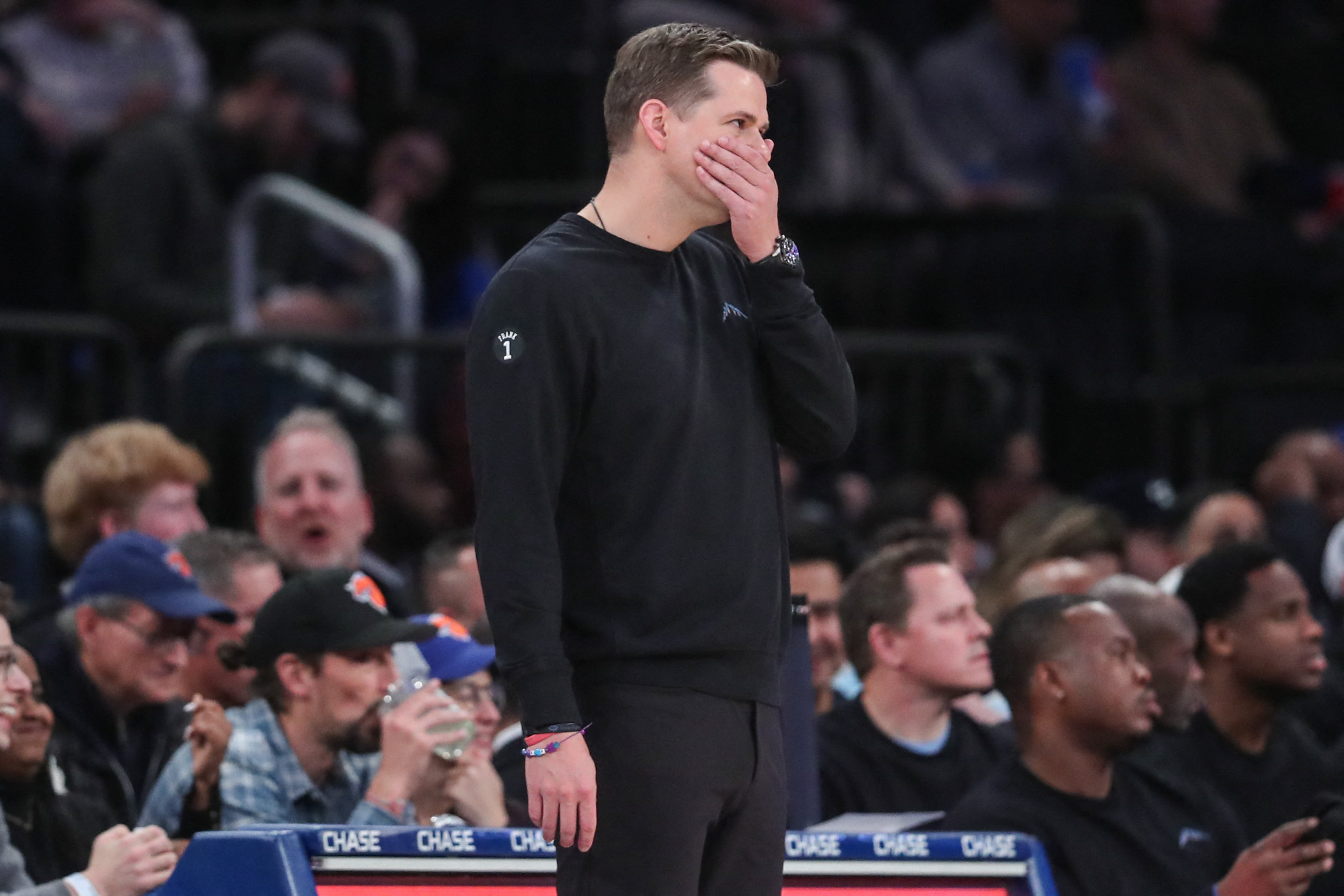 Dec 5, 2025; New York, New York, USA;  Utah Jazz head coach Will Hardy watches from the bench in the third quarter against the New York Knicks at Madison Square Garden. Mandatory Credit: Wendell Cruz-Imagn Images