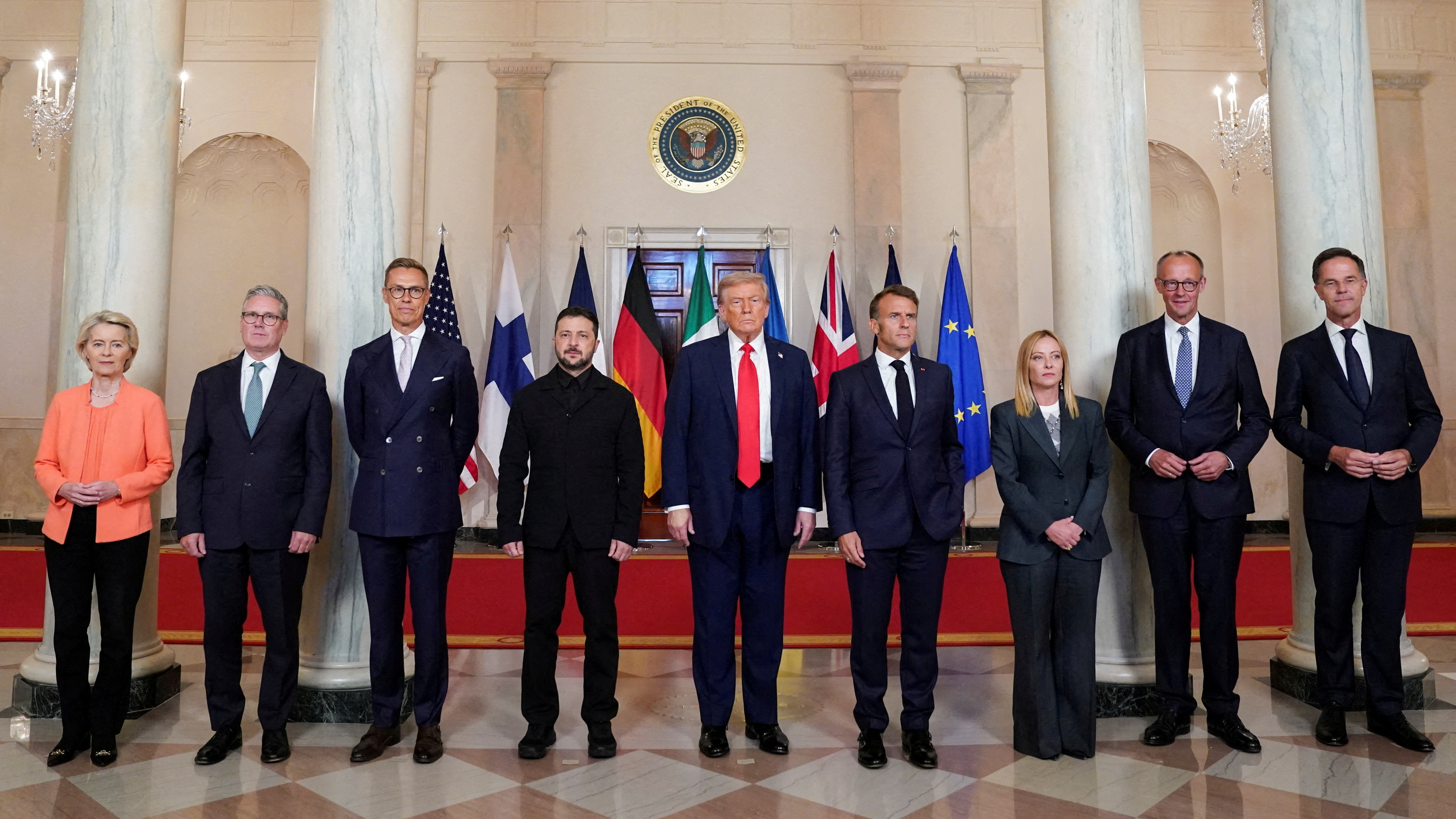 Donald Trump,Volodymyr Zelenskiy, Friedrich Merz, Emmanuel Macron,  Keir Starmer, Giorgia Meloni, and Alexander Stubb,  Mark Rutte and  Ursula von der LeyenREUTERS/Alexander Drago/File Photo