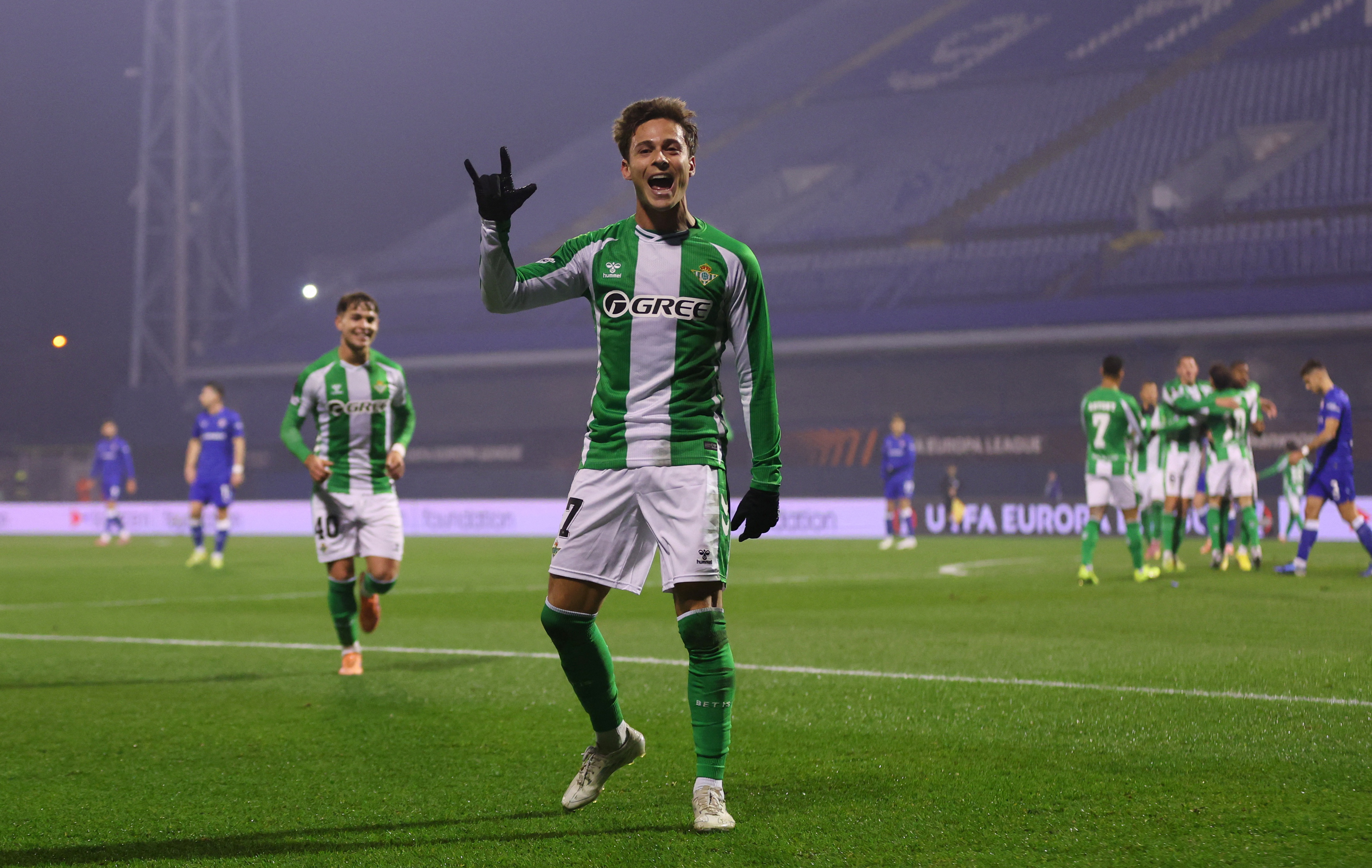 Soccer Football - UEFA Europa League - GNK Dinamo Zagreb v Real Betis - Stadion Maksimir, Zagreb, Croatia - December 11, 2025 Real Betis's Rodrigo Riquelme celebrates scoring their second goal REUTERS/Antonio Bronic