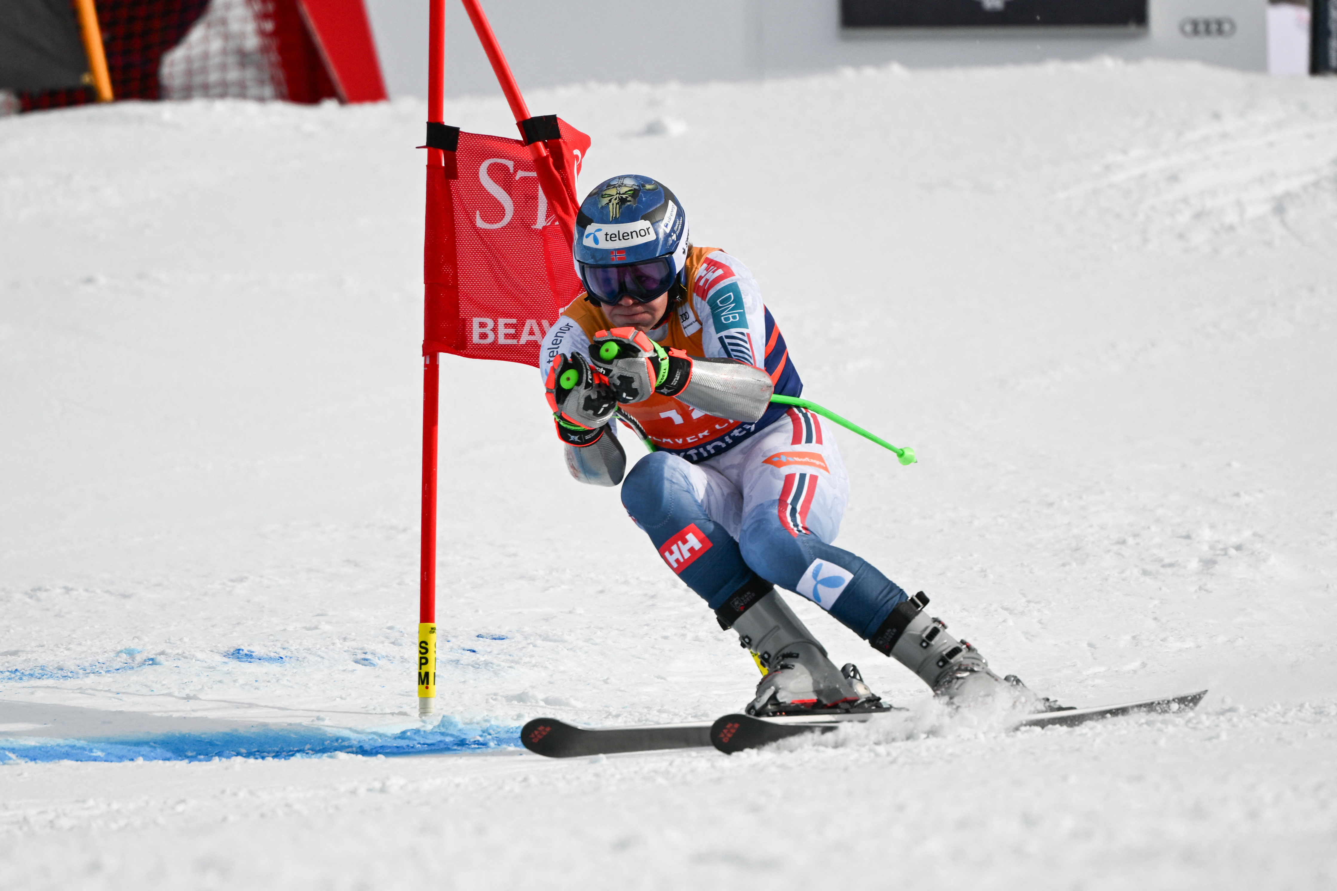 Dec 7, 2025; Beaver Creek, Colorado, UNITED STATES;  Timon Haugan of Norway competes during the men's giant slalom alpine skiing race during the FIS World Cup at Birds of Prey. Mandatory Credit: Marc Desrosiers-Imagn Images