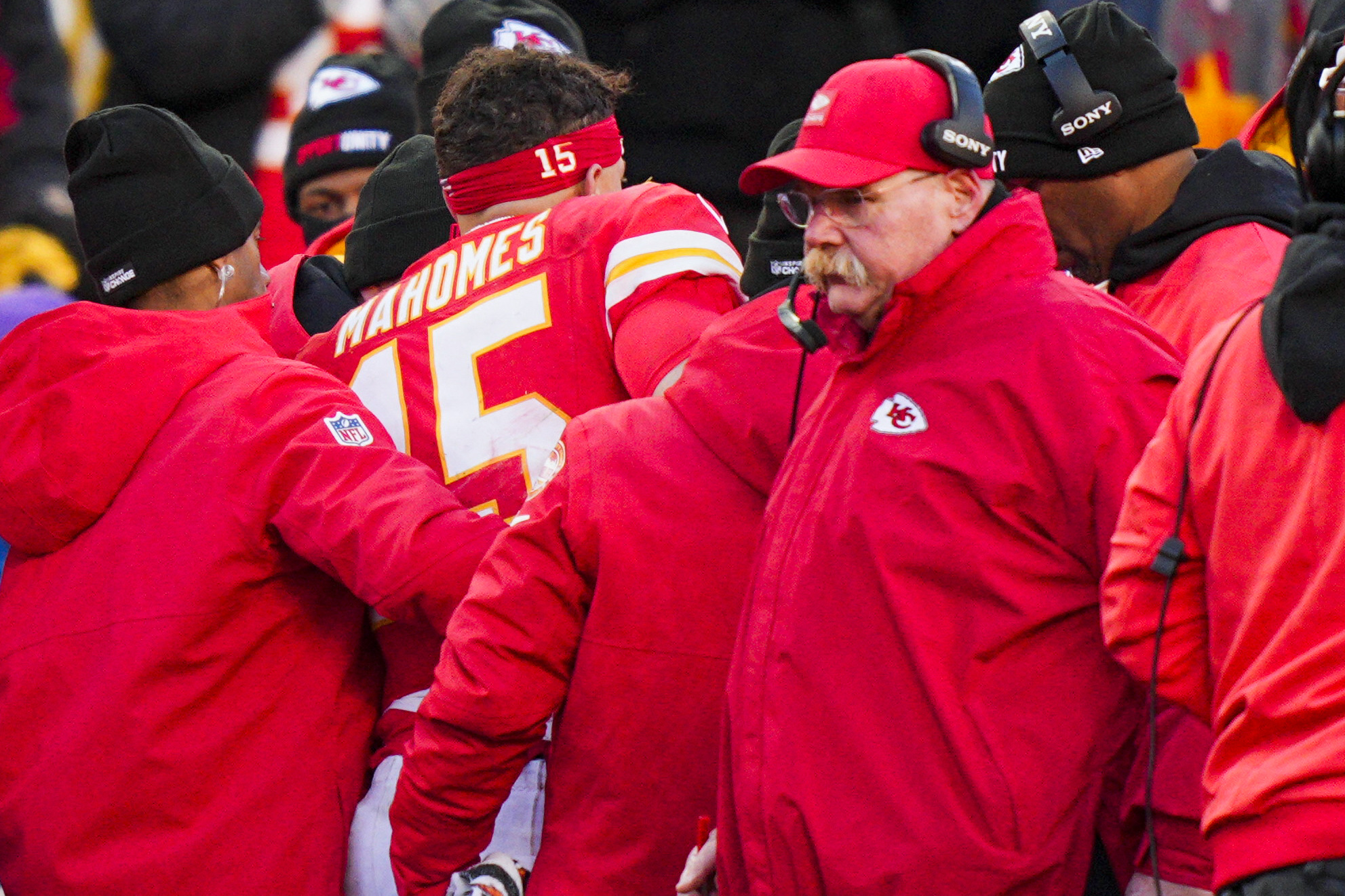Dec 14, 2025; Kansas City, Missouri, USA; Kansas City Chiefs quarterback Patrick Mahomes (15) is attended to by team medical staff following an injury during the fourth quarter against the Los Angeles Chargers at GEHA Field at Arrowhead Stadium.