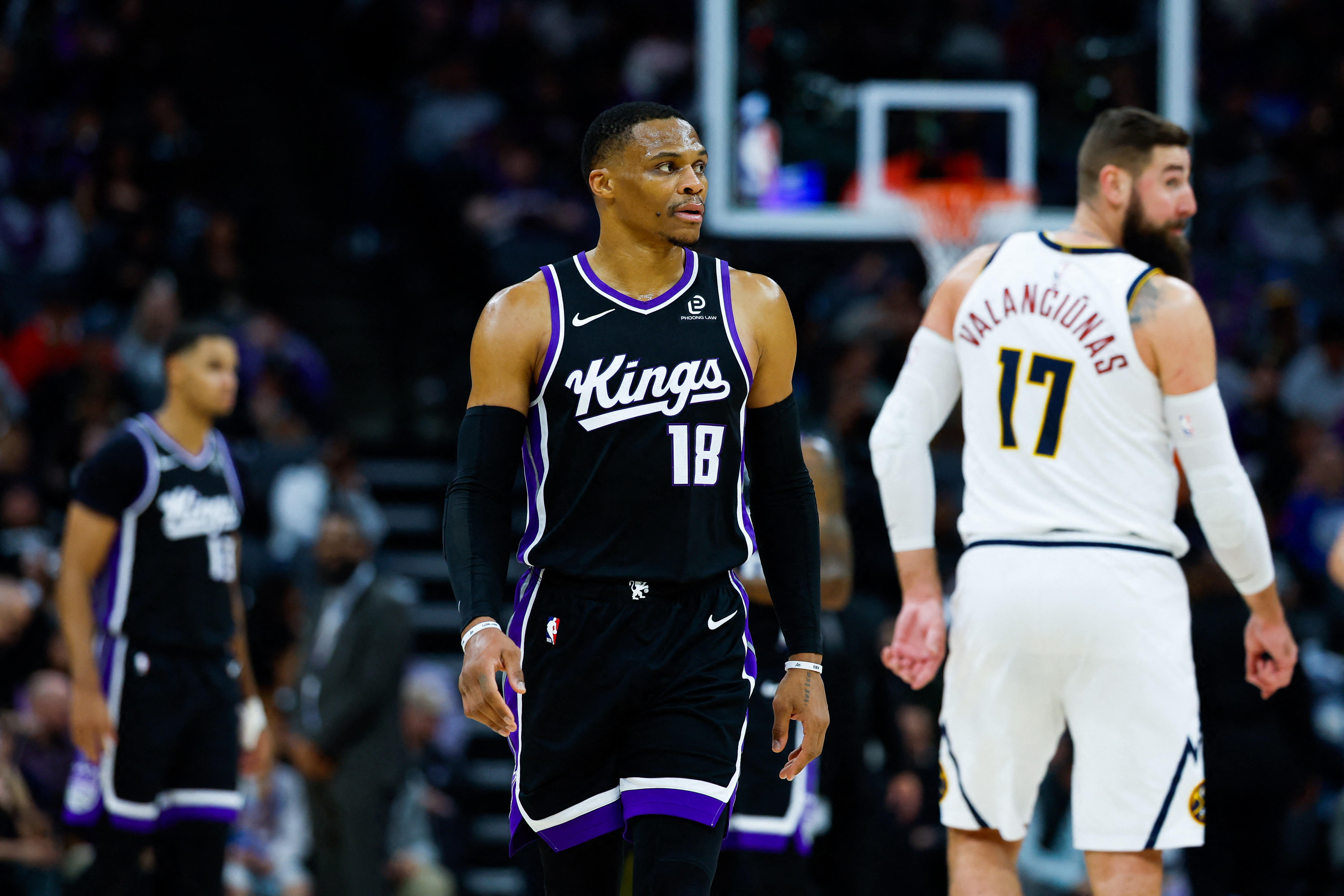 Dec 11, 2025; Sacramento, California, USA; Sacramento Kings guard Russell Westbrook (18) looks on during the second quarter against the Denver Nuggets at Golden 1 Center. Mandatory Credit: Sergio Estrada-Imagn Images