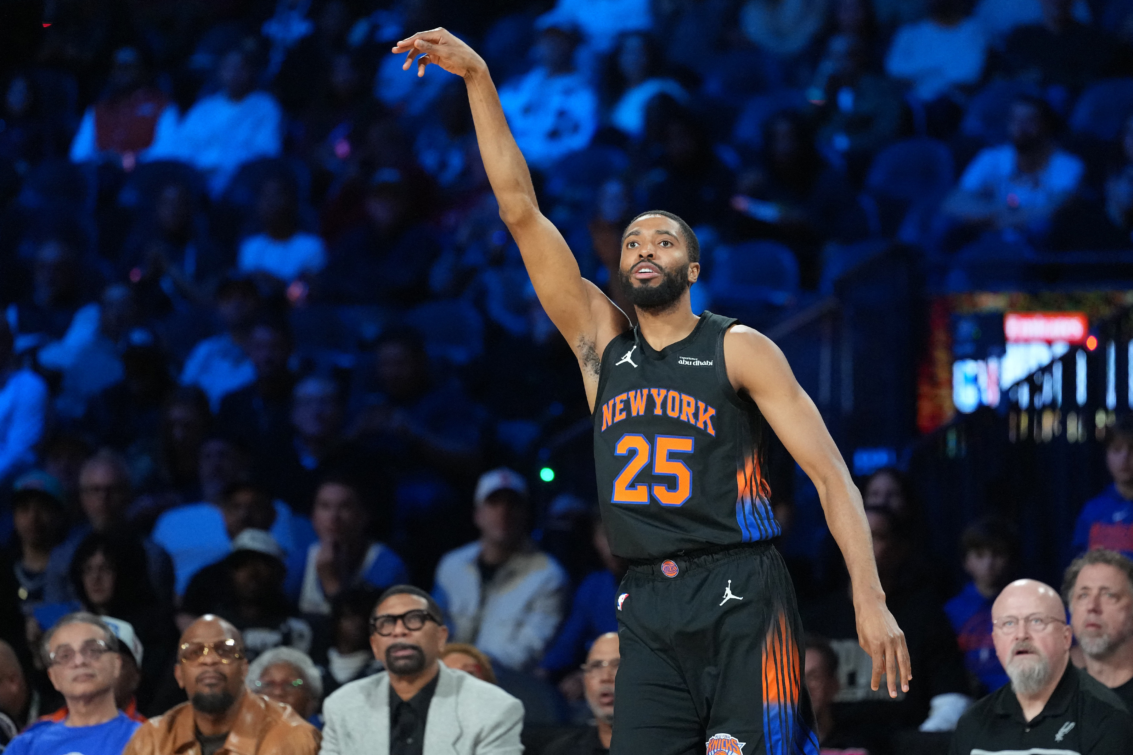 Dec 16, 2025; Las Vegas, Nevada, USA; New York Knicks guard Mikal Bridges (25) reacts against the San Antonio Spurs in the second half during the Emirates NBA Cup Final at T-Mobile Arena. Mandatory Credit: Kirby Lee-Imagn Images