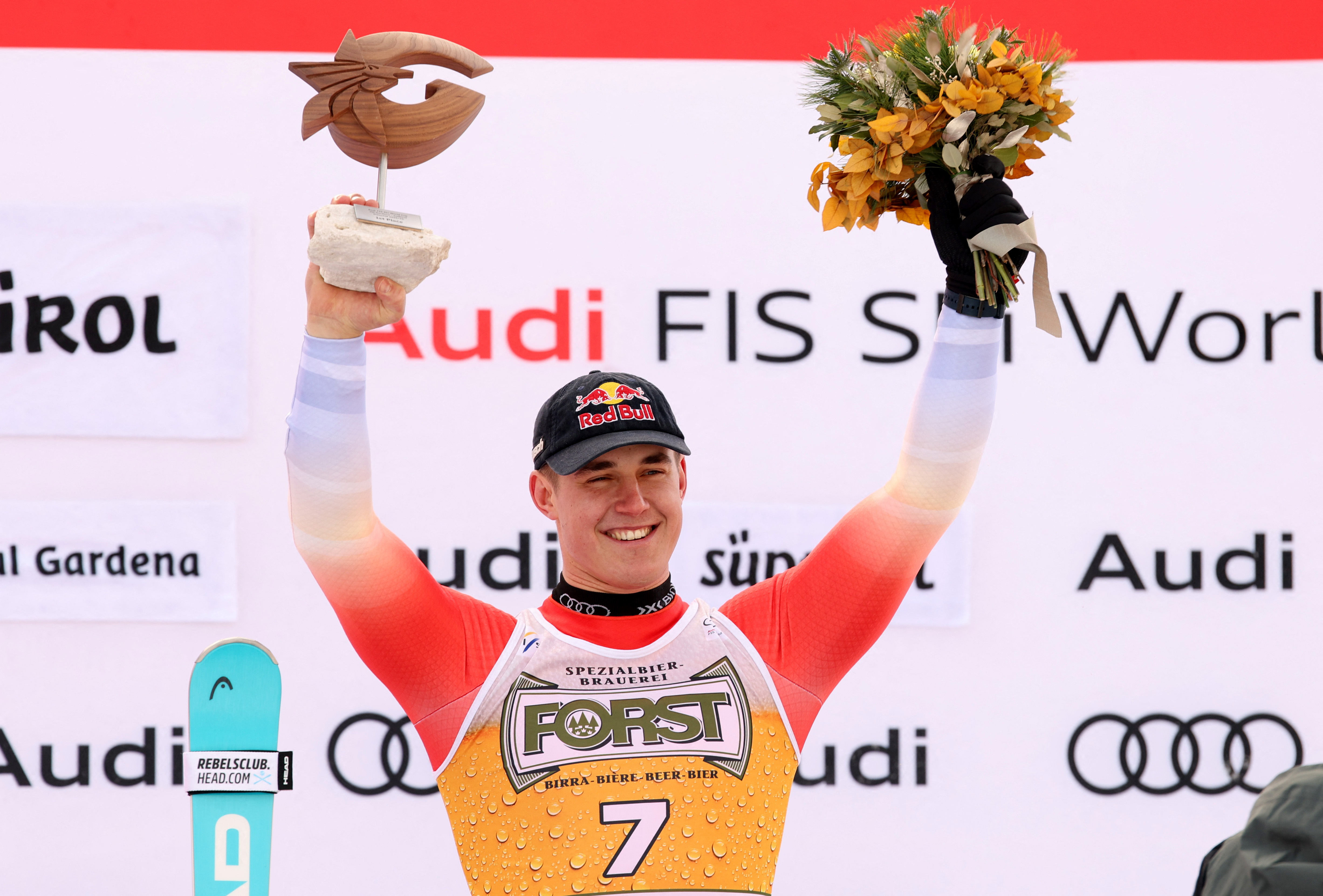 Alpine Skiing - FIS Alpine Ski World Cup - Men's Downhill - Val Gardena, Italy - December 20, 2025 Switzerland's Franjo Von Allmen celebrates on the podium after winning the men's downhill REUTERS/Leonhard Foeger