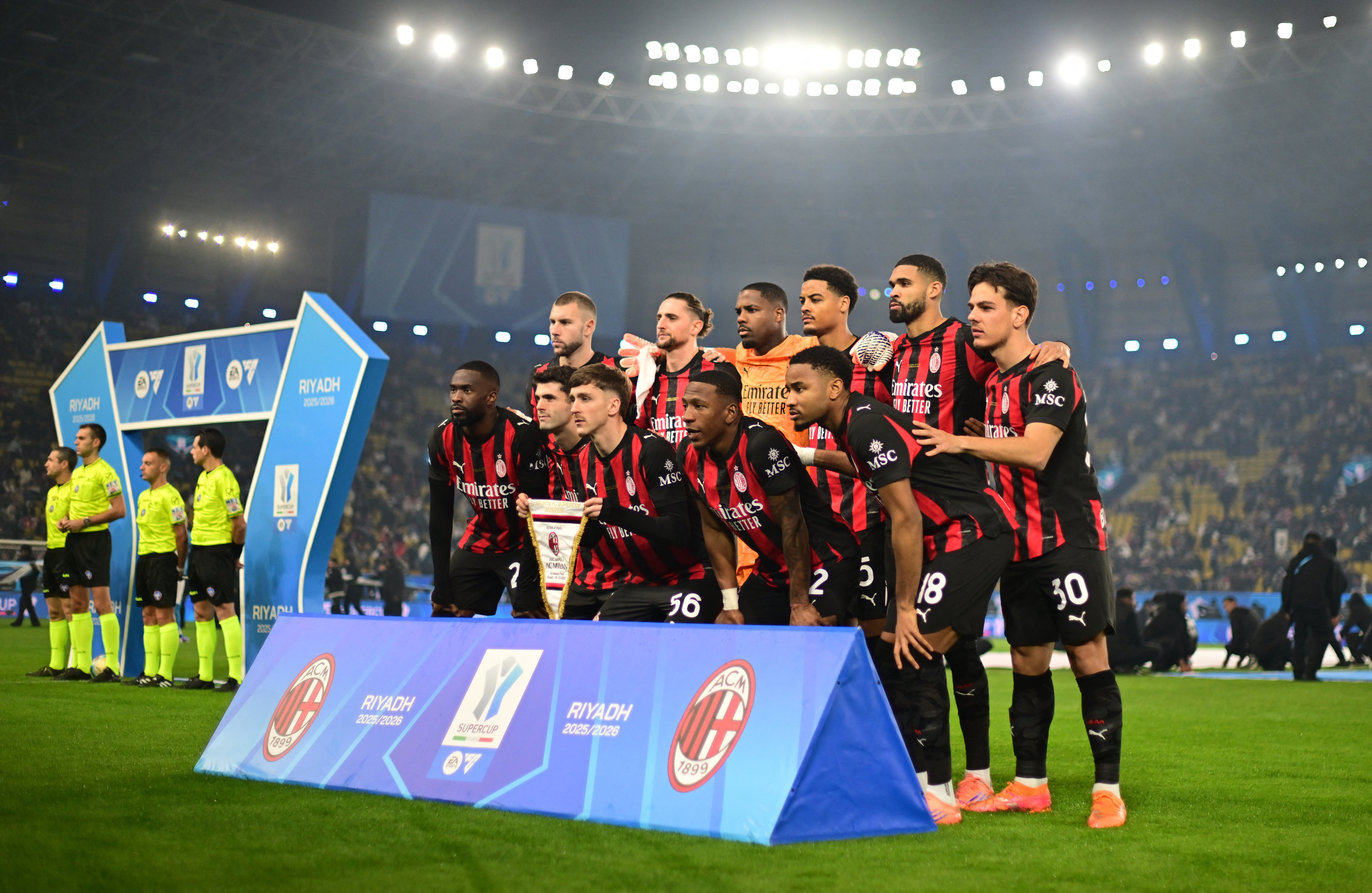 Soccer Football - Supercoppa Italiana - Semi Final - Napoli v AC Milan - Al Awwal Park, Riyadh, Saudi Arabia - December 18, 2025 AC Milan players pose for a team group photo before the match REUTERS/Daniele Mascolo