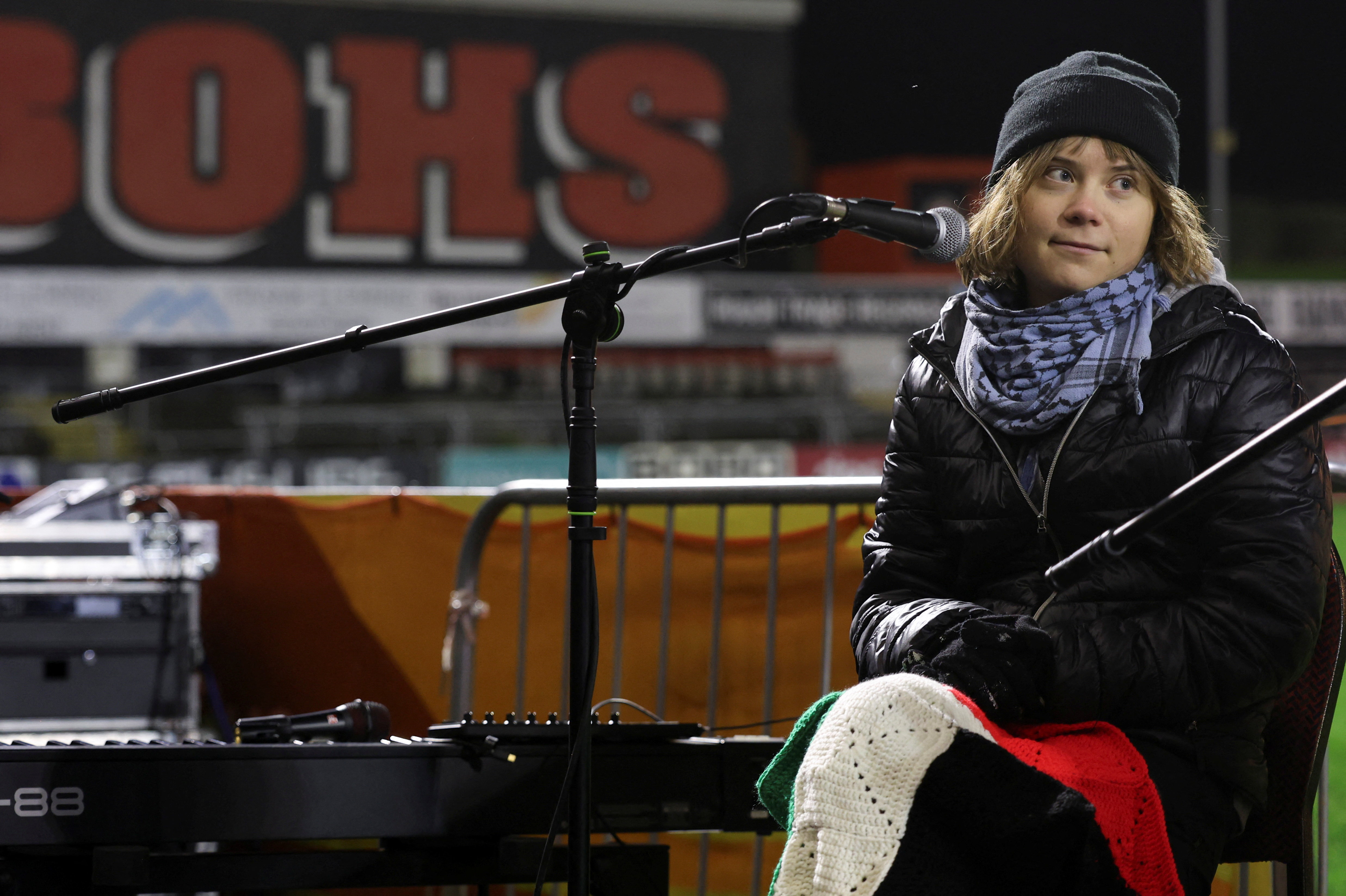 Swedish activist Greta Thunberg attends a fundraising event "An Evening of Words and Songs for Gaza" at Dalymount Park, in Dublin, Ireland, December 18, 2025. REUTERS/Cathal McNaughton