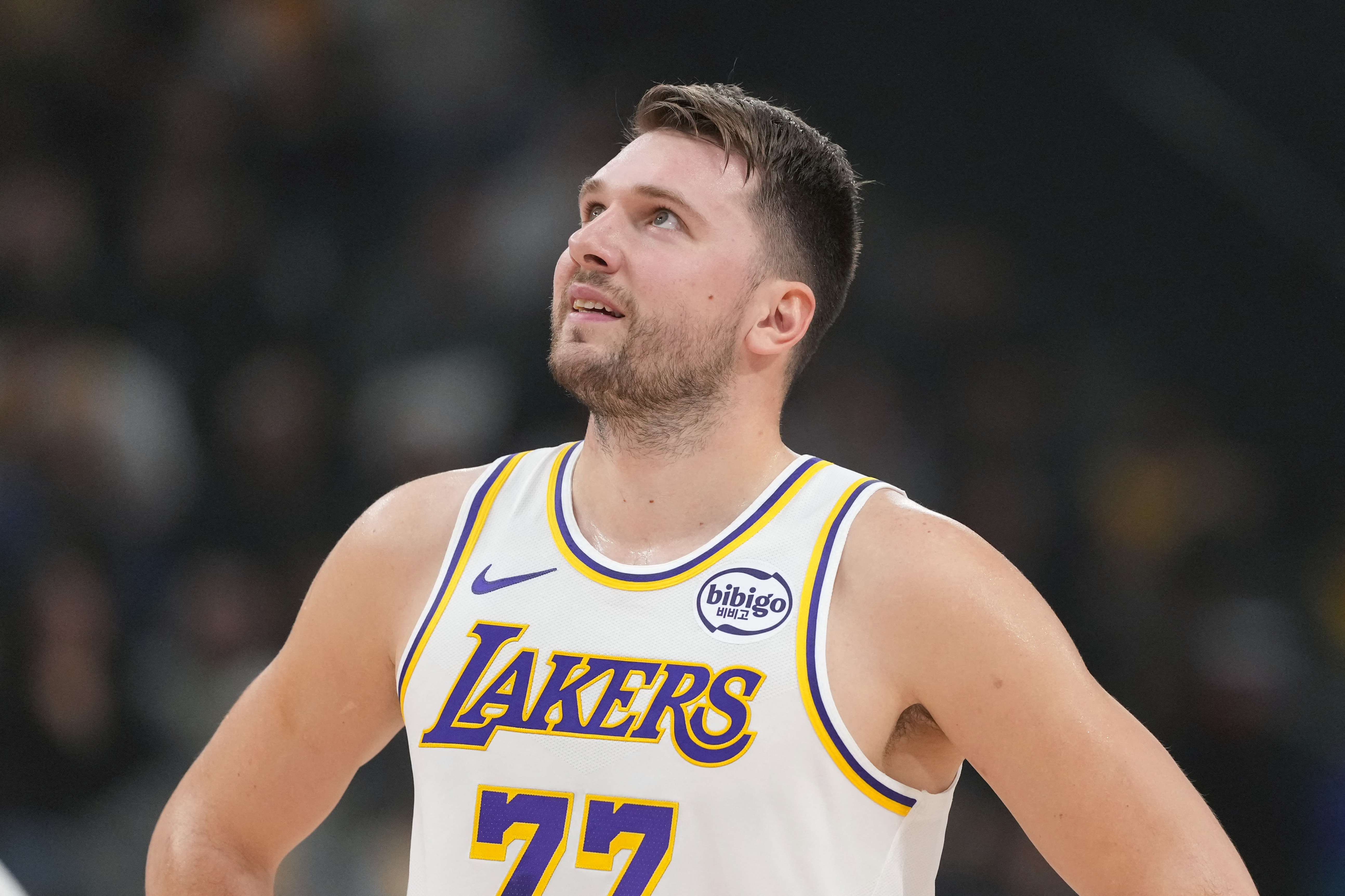 Dec 20, 2025; Inglewood, California, USA; Los Angeles Lakers forward/guard Luka Dončić (77) reacts in the first half against the LA Clippers at Intuit Dome. Mandatory Credit: Kirby Lee-Imagn Images
