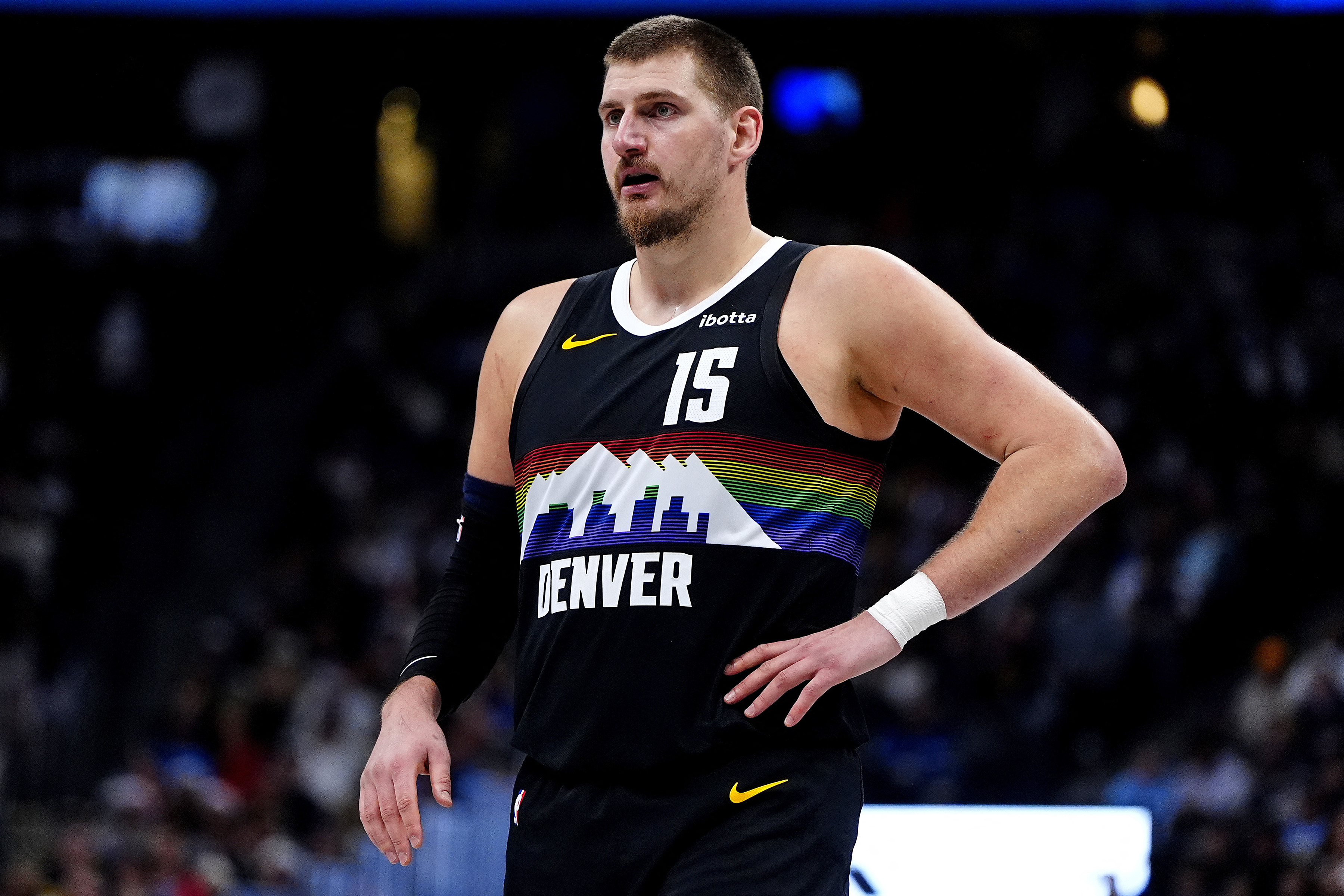Dec 25, 2025; Denver, Colorado, USA; Denver Nuggets center Nikola Jokic (15) during the second half against the Minnesota Timberwolves at Ball Arena. Mandatory Credit: Ron Chenoy-Imagn Images