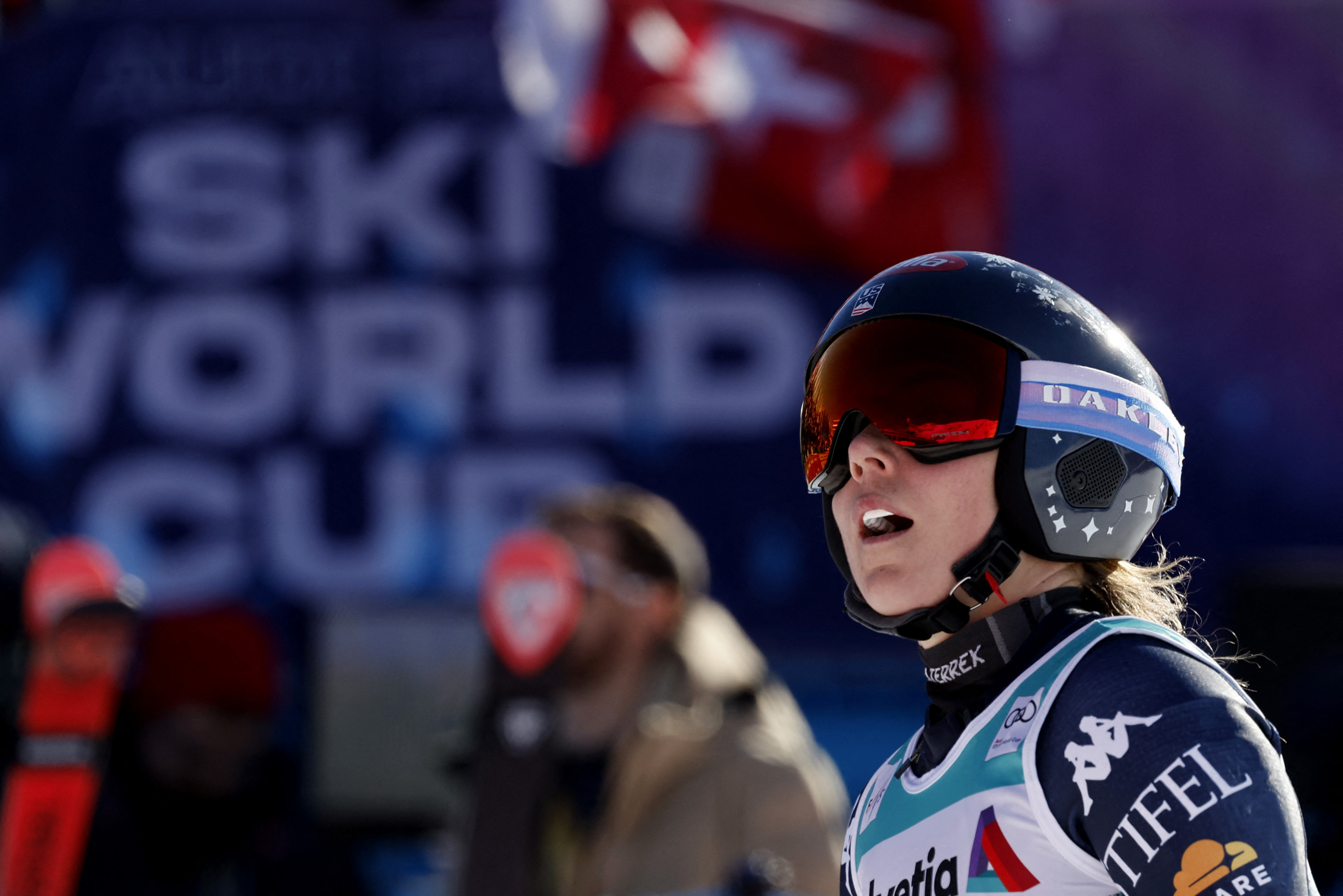 Alpine Skiing - FIS Alpine Ski World Cup - Women's Super G - St. Moritz, Switzerland - December 14, 2025 Mikaela Shiffrin of the U.S. reacts after her run REUTERS/Stefan Wermuth