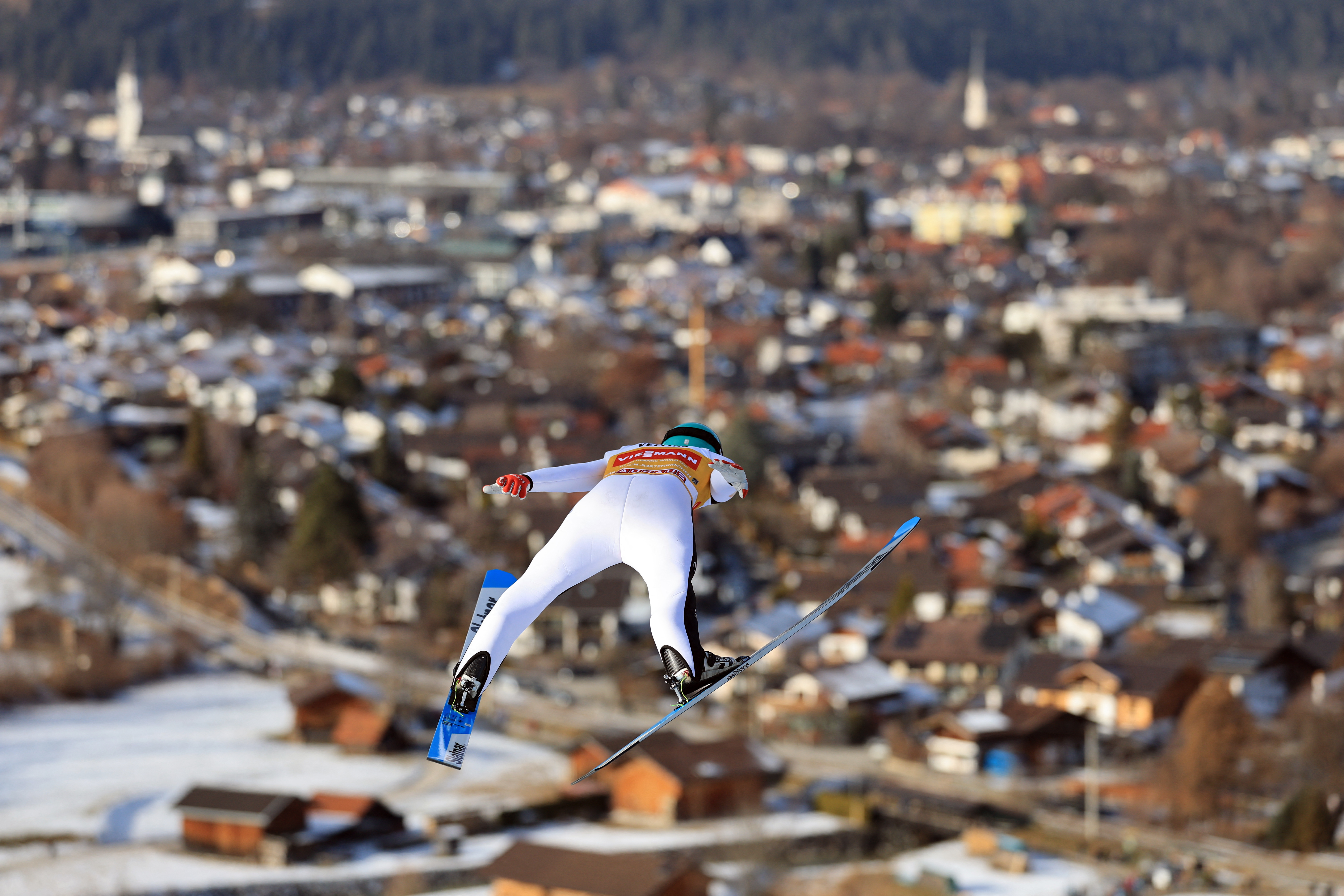 Ski Jumping - Four Hills Tournament - Garmisch-Partenkirchen, Germany - January 1, 2026 Slovenia's Domen Prevc in action during the trial round REUTERS/Kai Pfaffenbach