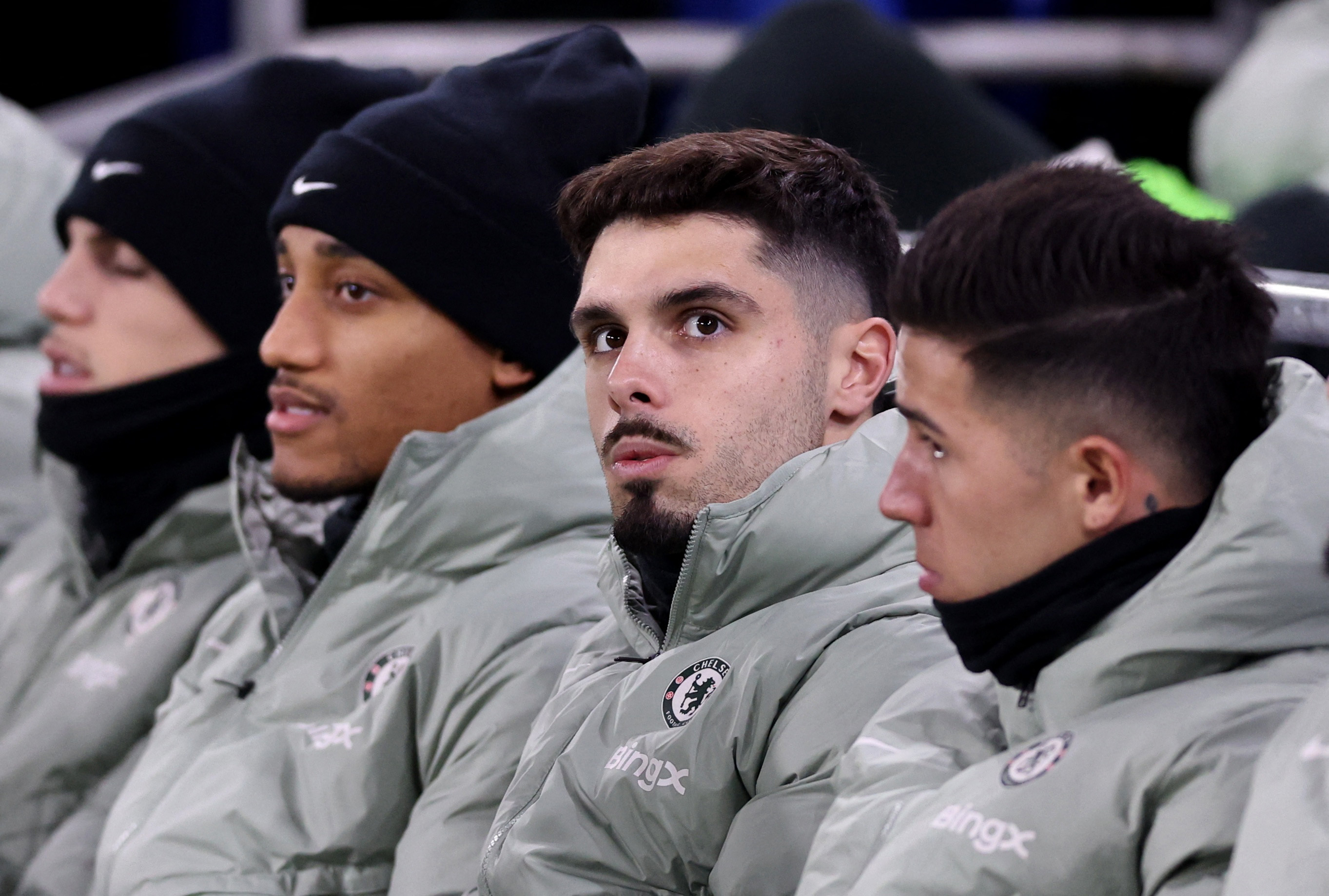 Soccer Football - Carabao Cup - Quarter Final - Cardiff City v Chelsea - Cardiff City Stadium, Cardiff, Wales, Britain - December 16, 2025 Chelsea substitutes Pedro Neto, Joao Pedro, Enzo Fernandez and Alejandro Garnacho before the match REUTERS/David Kle