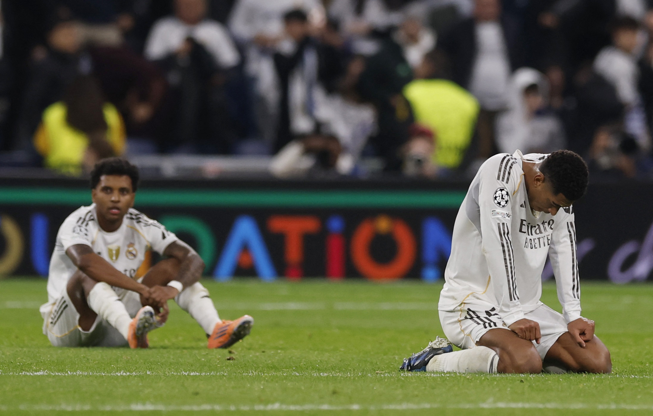 Soccer Football - UEFA Champions League - Real Madrid v Manchester City -  Santiago Bernabeu, Madrid, Spain - December 10, 2025  Real Madrid's Jude Bellingham and Rodrygo react after the match Action Images via Reuters/Andrew Couldridge