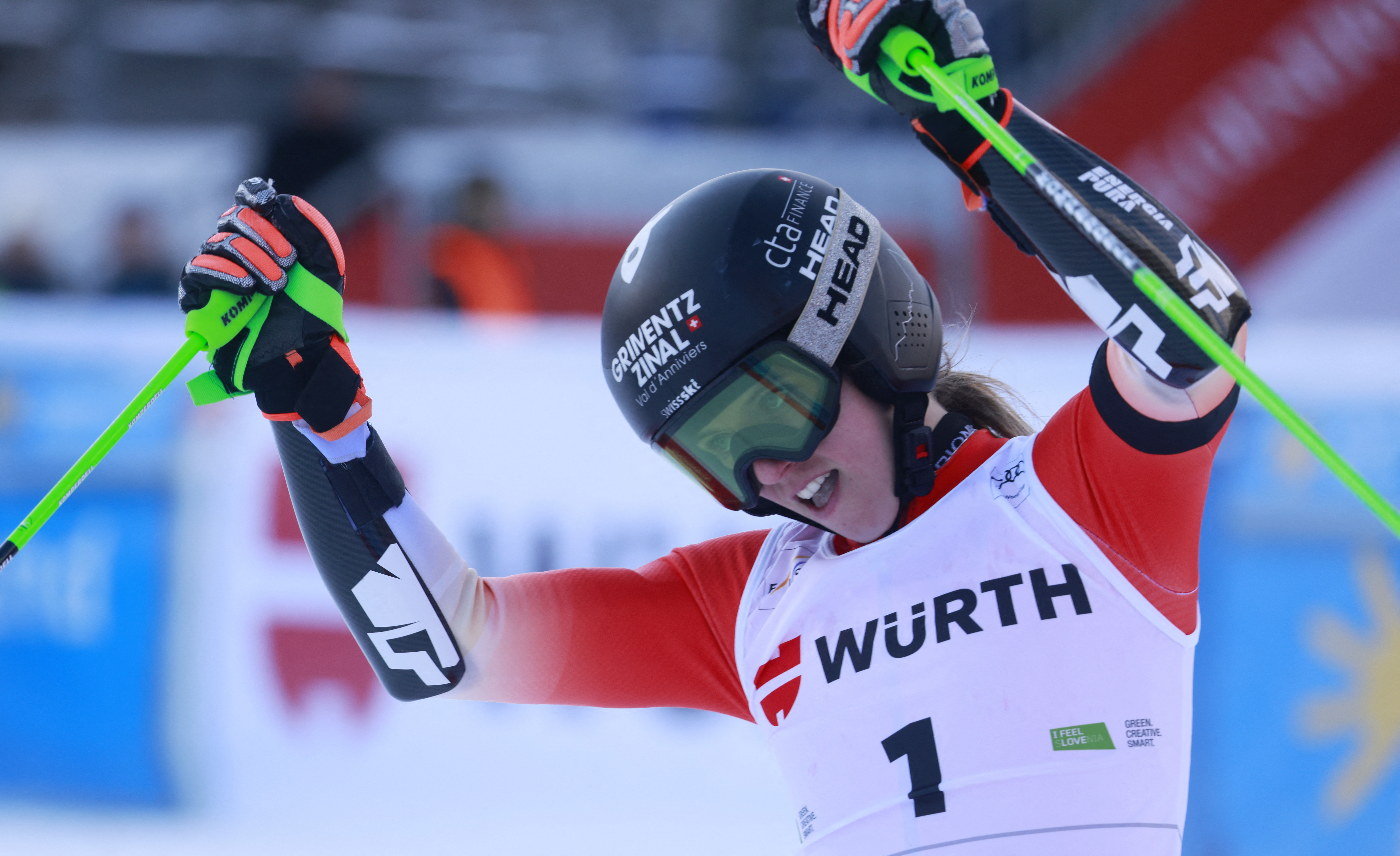 Alpine Skiing - FIS Alpine Ski World Cup - Women's Giant Slalom - Kranjska Gora, Slovenia - January 3, 2026 Switzerland's Camille Rast celebrates winning the women's giant slalom REUTERS/Borut Zivulovic