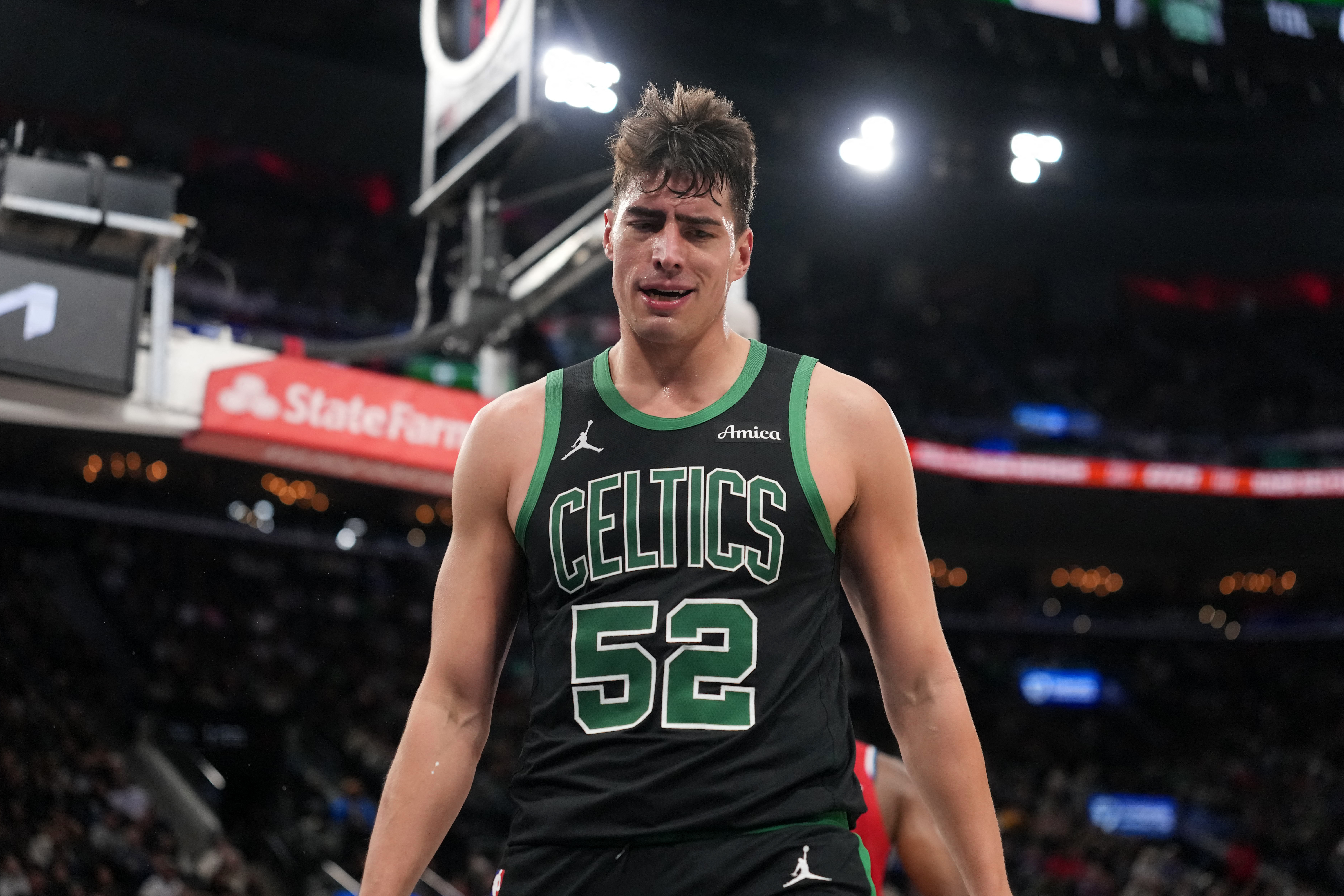 Jan 3, 2026; Inglewood, California, USA; Boston Celtics center Luka Garza (52) reacts against the LA Clippers in the second half at Intuit Dome. Mandatory Credit: Kirby Lee-Imagn Images