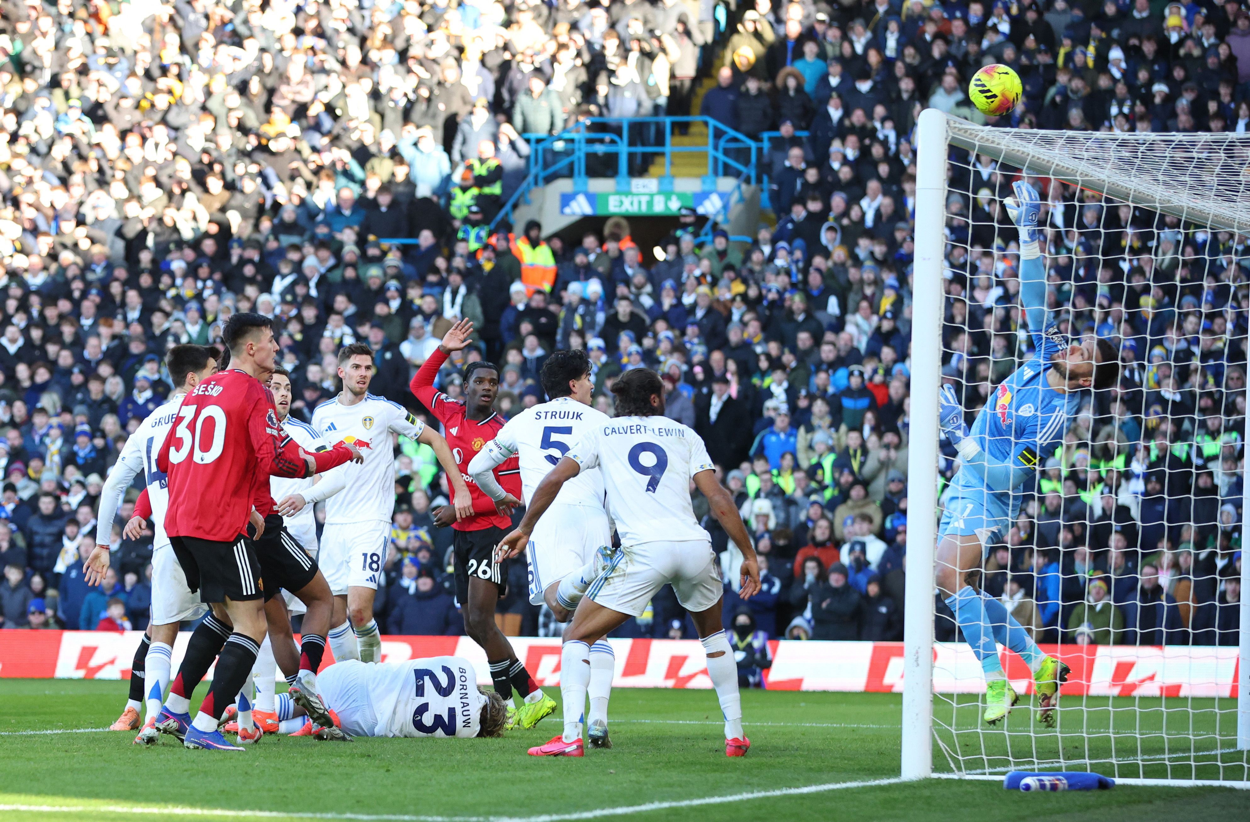 Soccer Football - Premier League - Leeds United v Manchester United - Elland Road, Leeds, Britain - January 4, 2026  Leeds United's Lucas Perri makes a save Action Images via Reuters/Craig Brough EDITORIAL USE ONLY. NO USE WITH UNAUTHORIZED AUDIO, VIDEO,