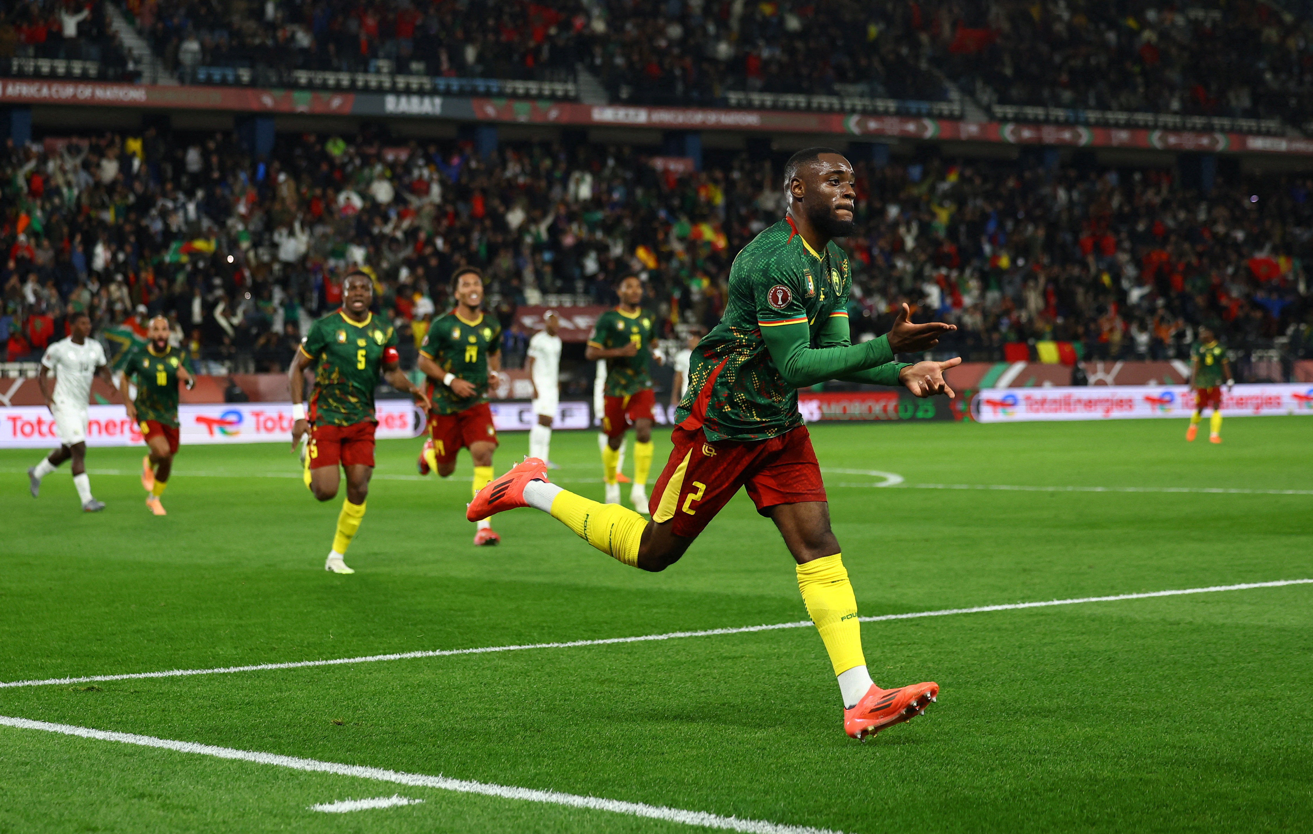 Soccer Football - CAF Africa Cup of Nations - Morocco 2025 - Round of 16 - South Africa v Cameroon - Al Medina Stadium, Rabat, Morocco - January 4, 2026 Cameroon's Junior Tchamadeu celebrates scoring their first goal REUTERS/Siphiwe Sibeko     TPX IMAGES