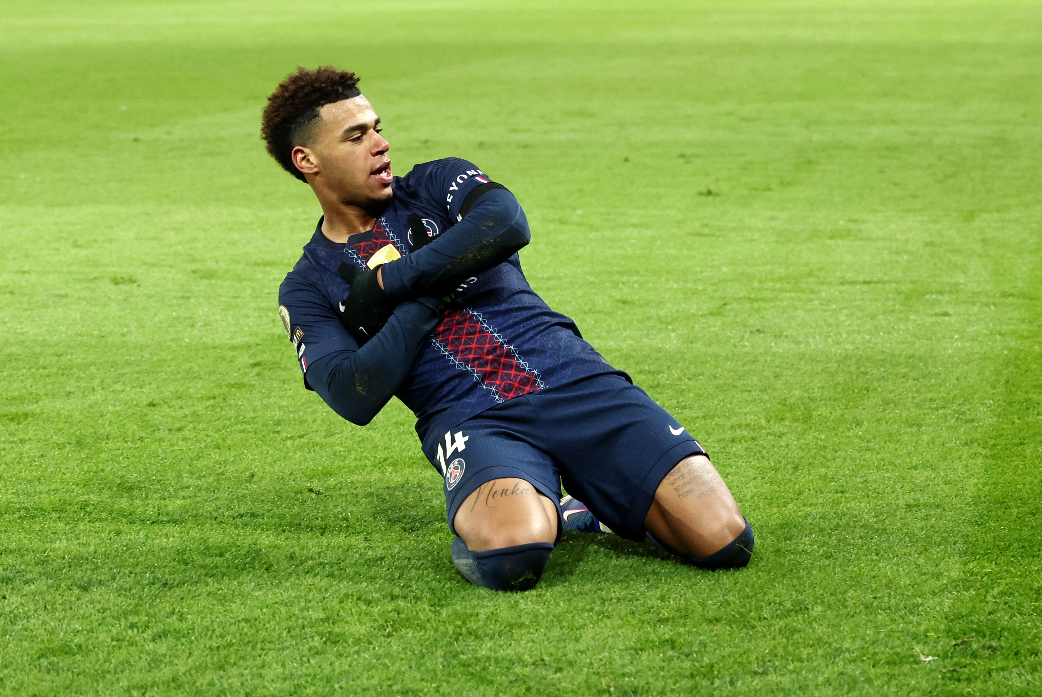 Soccer Football - Ligue 1 - Paris St Germain v Paris FC - Parc des Princes, Paris, France - January 4, 2026 Paris St Germain's Desire Doue celebrates scoring their first goal REUTERS/Catherine Steenkeste