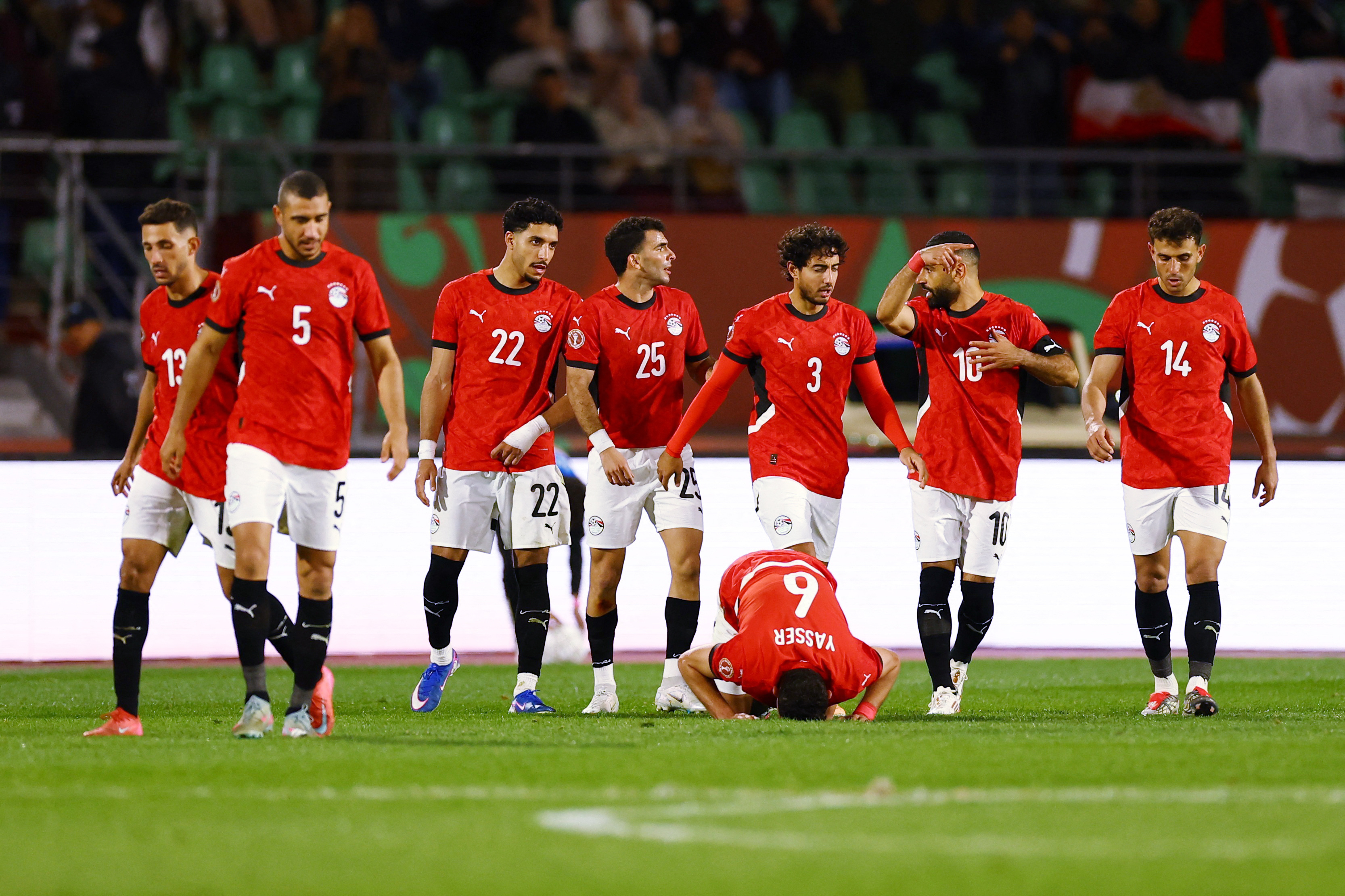 Soccer Football - CAF Africa Cup of Nations - Morocco 2025 - Round of 16 - Egypt v Benin - Adrar Stadium, Agadir, Morocco - January 5, 2026 Egypt's Yasser Ibrahim celebrates scoring their second goal with teammates REUTERS/Siphiwe Sibeko