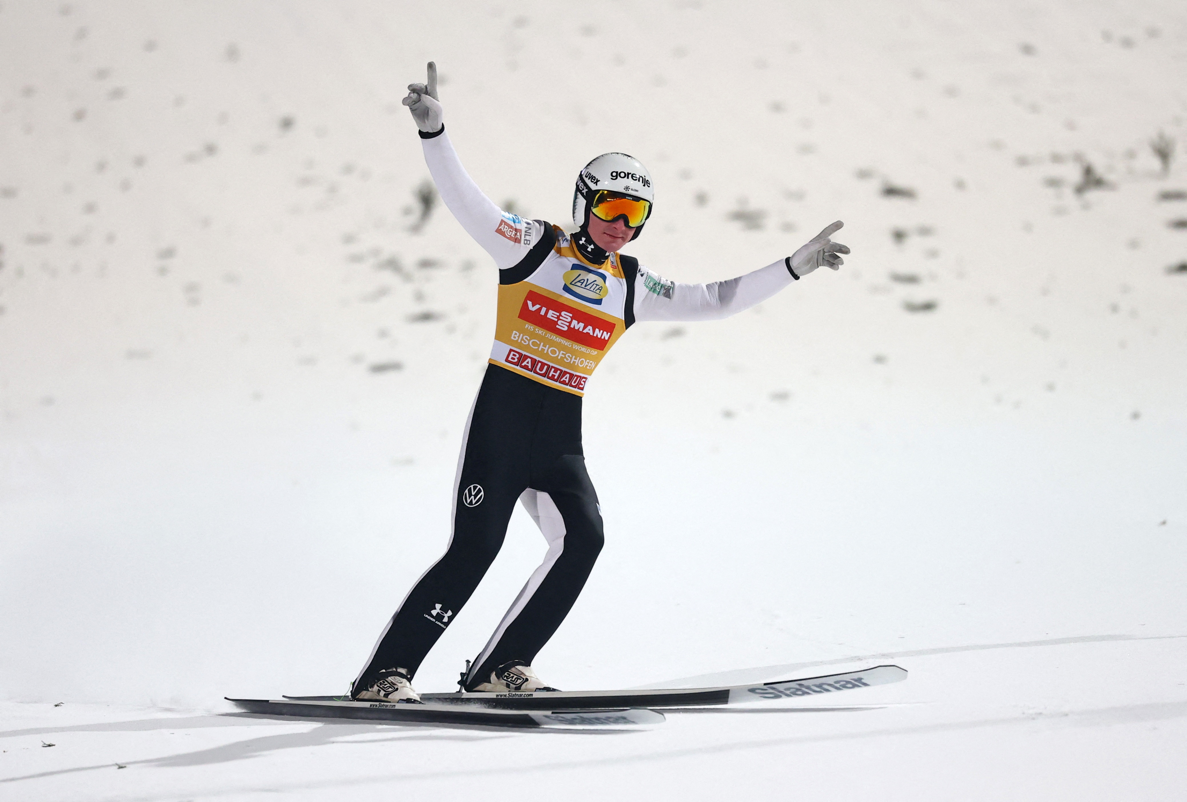Ski Jumping - Four Hills Tournament - Bischofshofen, Austria - January 6, 2026 Slovenia's Domen Prevc celebrates after jumping in the Men's Individual HS142 Final Round to win the Four Hills tournament REUTERS/Kai Pfaffenbach