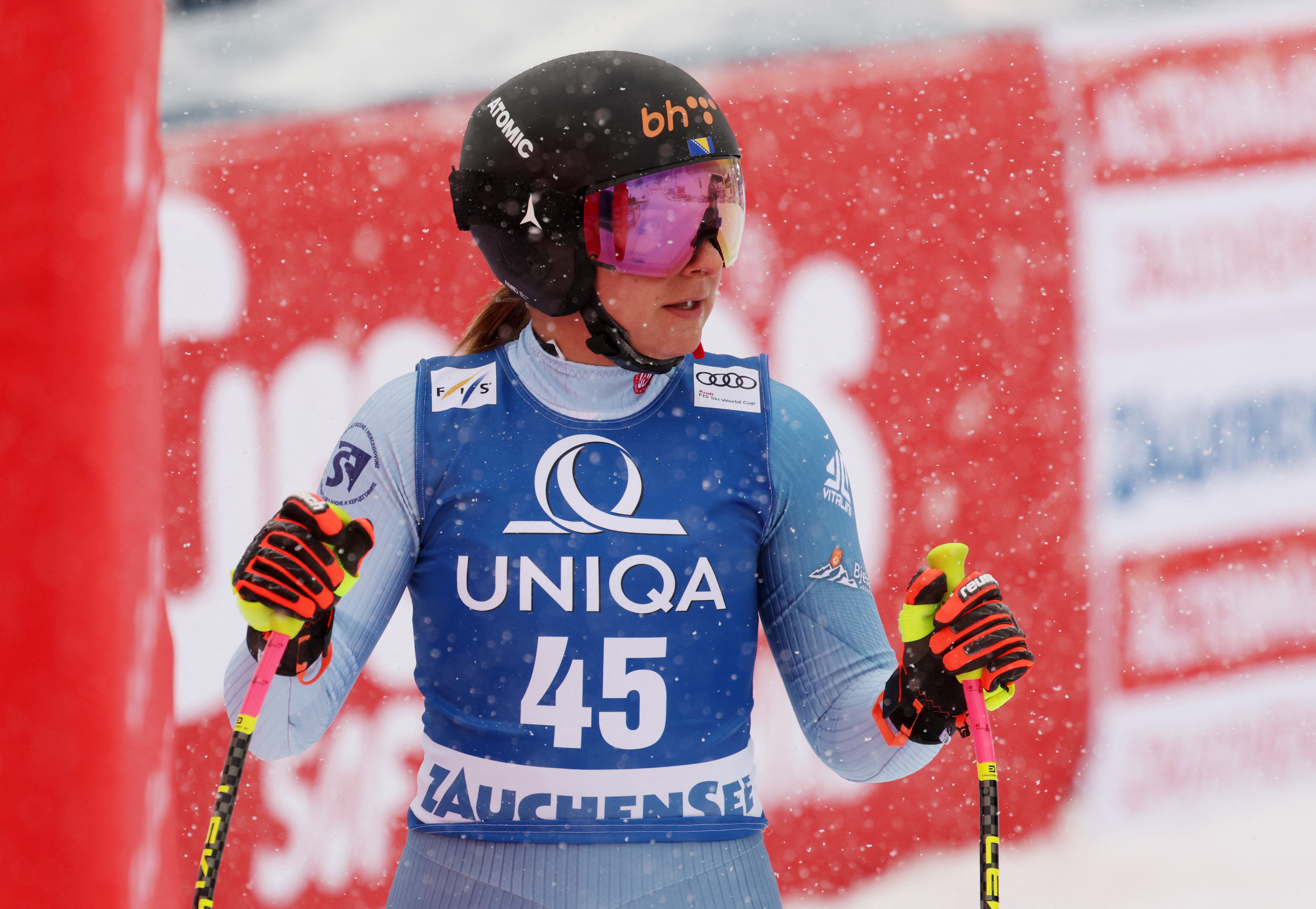 Alpine Skiing - FIS Alpine Ski World Cup - Women's Downhill - Zauchensee, Austria - January 10, 2026 Bosnia and Herzegovina's Elvedina Muzaferija reacts after her run REUTERS/Leonhard Foeger