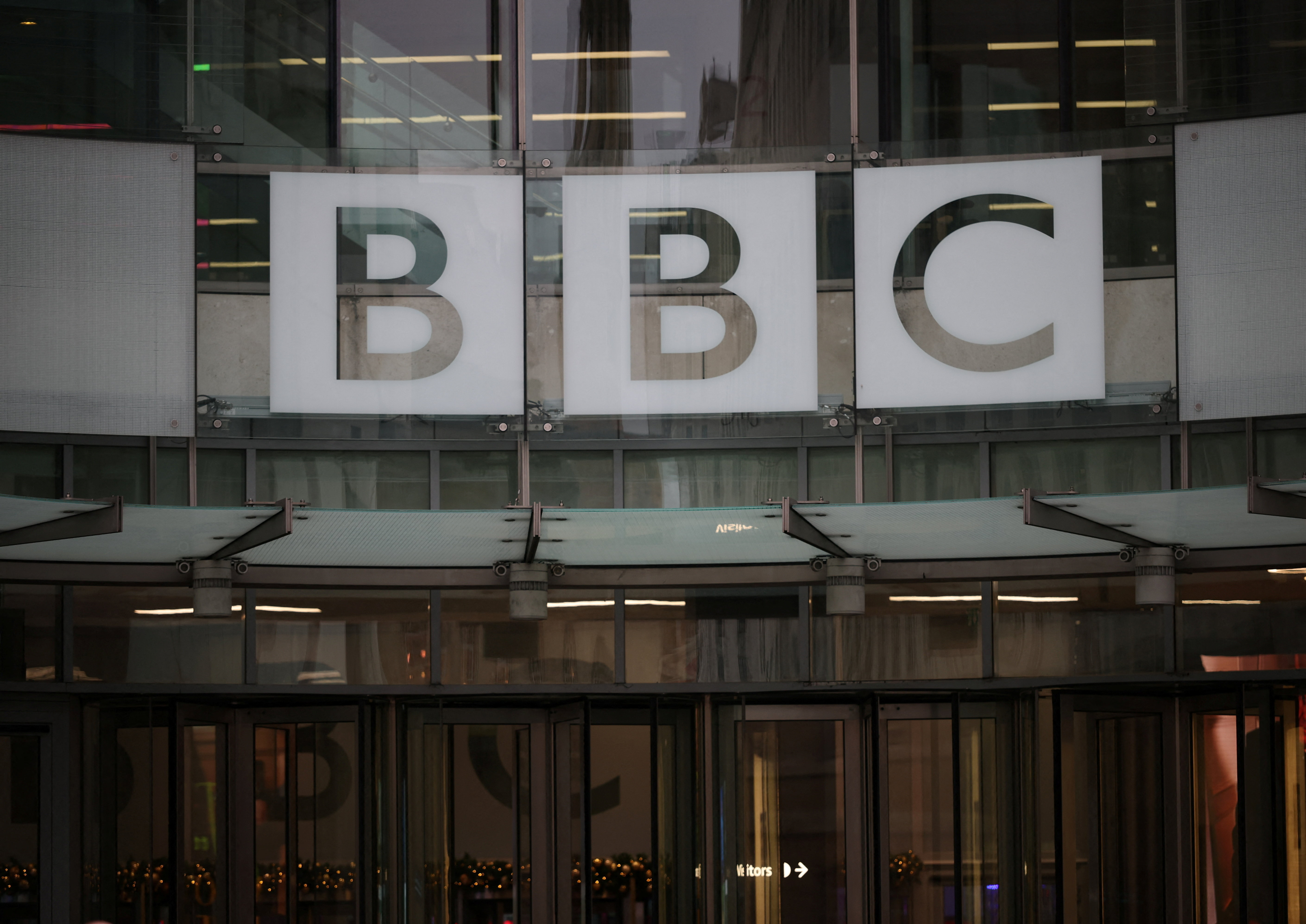 BBC logo outside the BBC Broadcasting House, after U.S. President Donald Trump sued the BBC for up to $10 billion in damages over edited clips of a speech, in London, Britain, December 16, 2025. REUTERS/Isabel Infantes