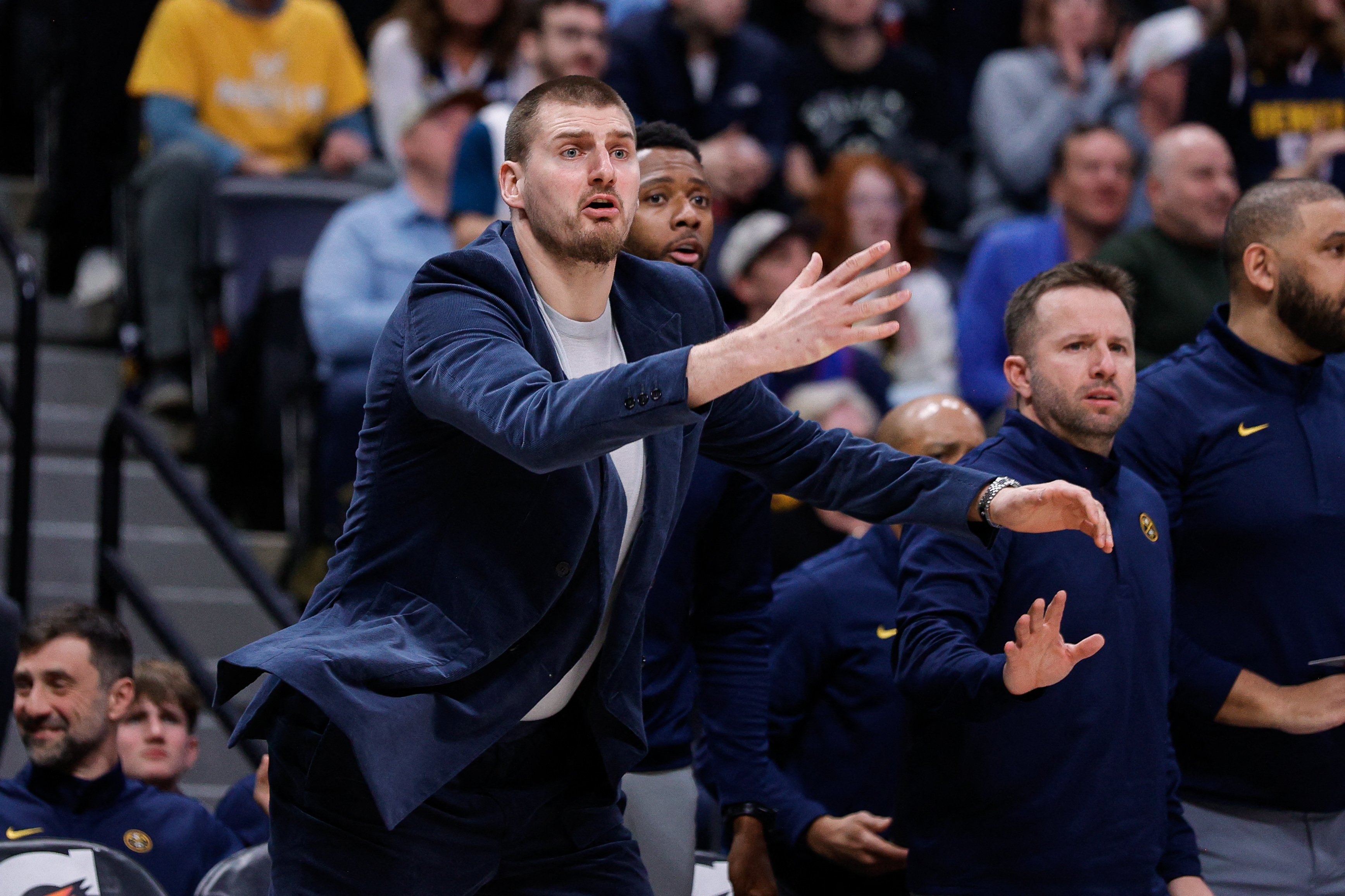 Jan 11, 2026; Denver, Colorado, USA; Denver Nuggets center Nikola Jokic reacts from the bench in the fourth quarter against the Milwaukee Bucks at Ball Arena. Mandatory Credit: Isaiah J. Downing-Imagn Images