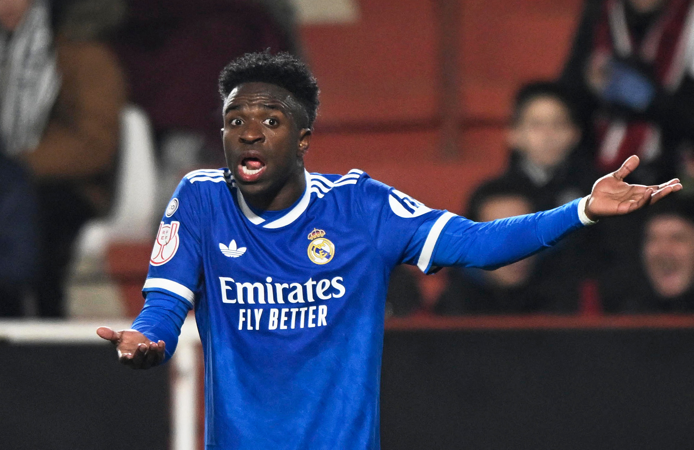 Soccer Football - Copa del Rey - Round of 16 - Albacete v Real Madrid - Estadio Carlos Belmonte, Albacete, Spain - January 14, 2026 Real Madrid's Vinicius Junior reacts REUTERS/Pablo Morano
