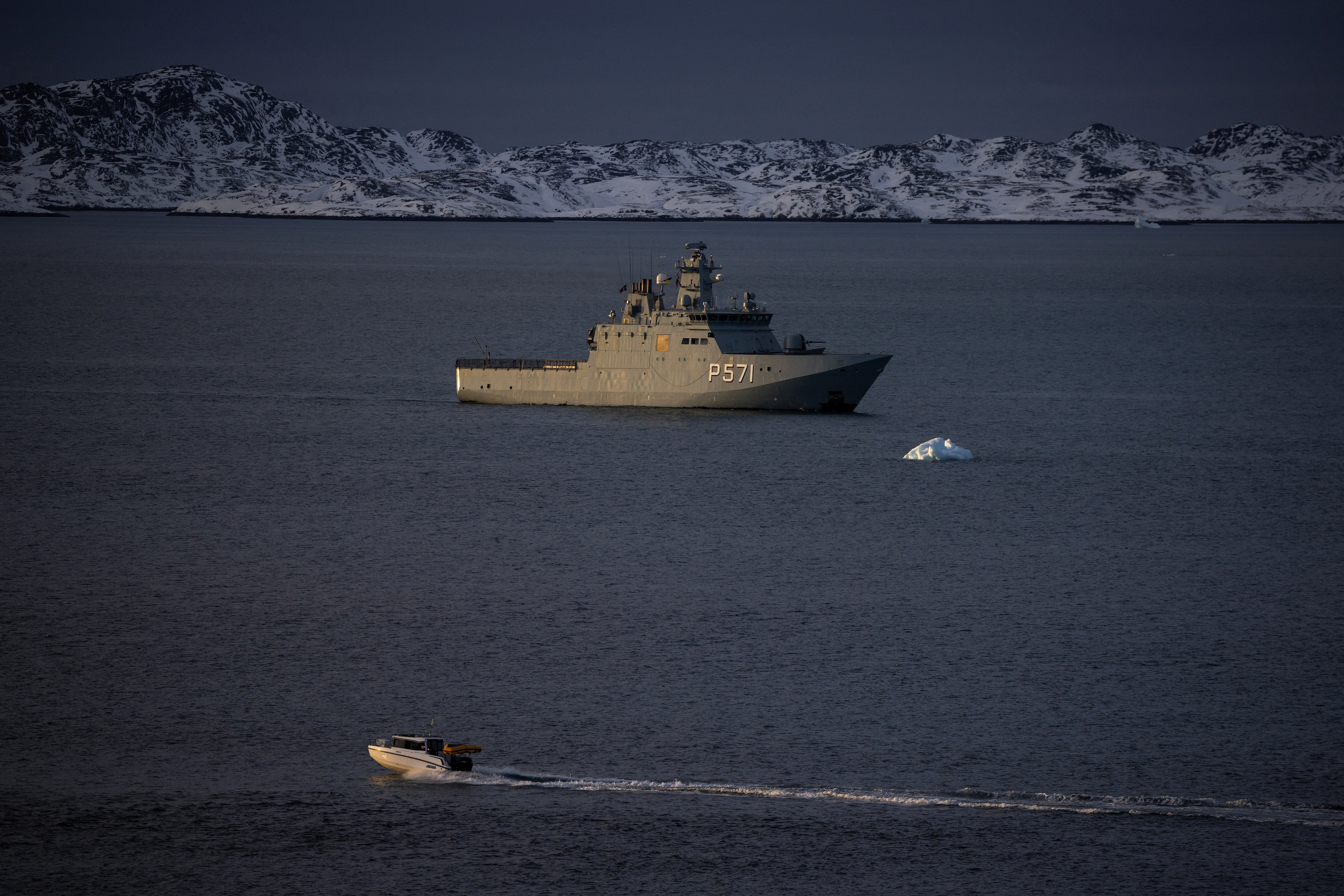 The Danish military Offshore Patrol Vessel P572 HDMS Lauge Koch sails near Nuuk's old harbour, Greenland, January 15, 2026. REUTERS/Marko Djurica