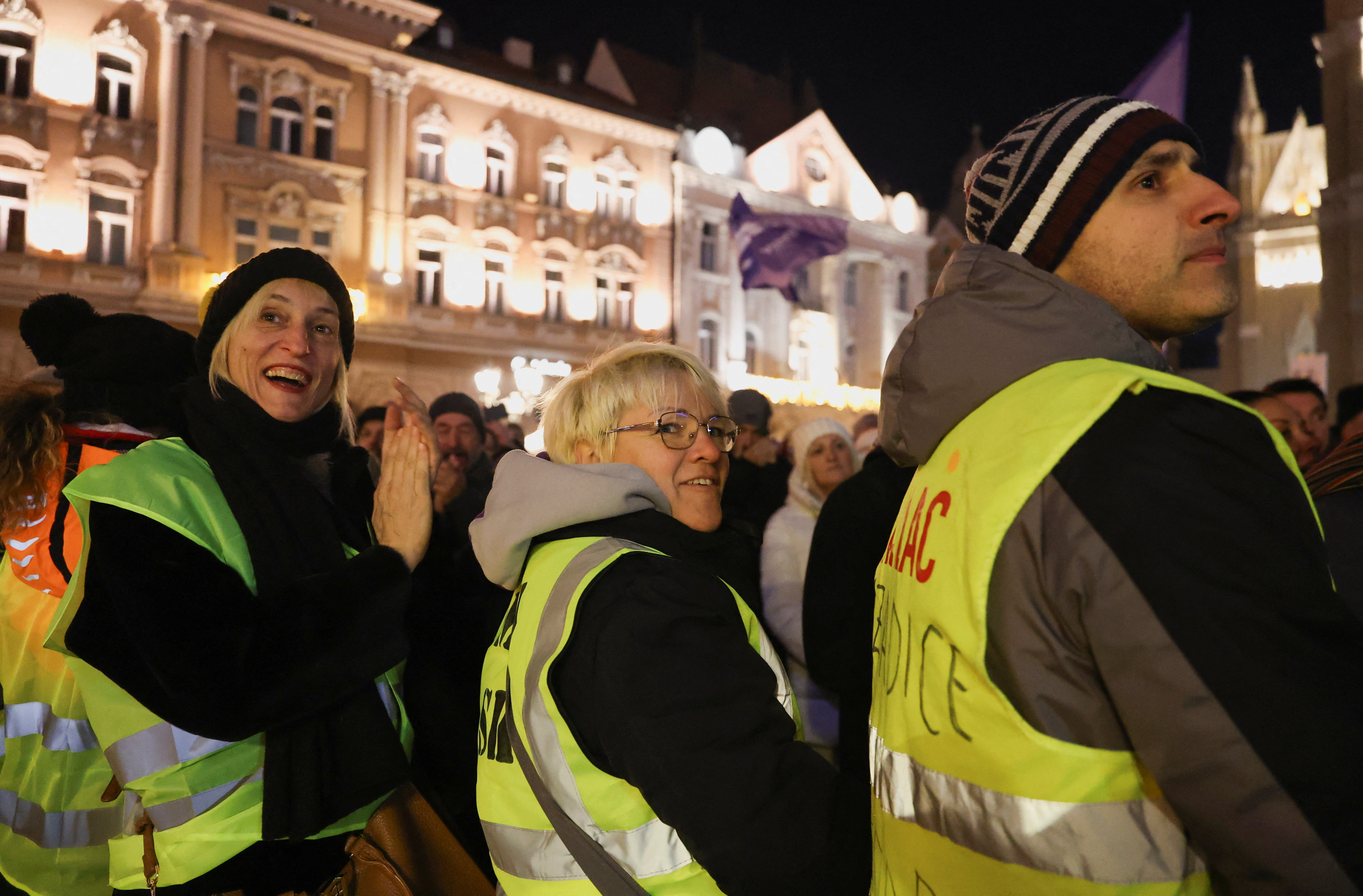 Students and other demonstrators gather for the first protest of the year, after months of rallies demanding political accountability and elections, following the deadly collapse at the city's railway station, in Novi Sad