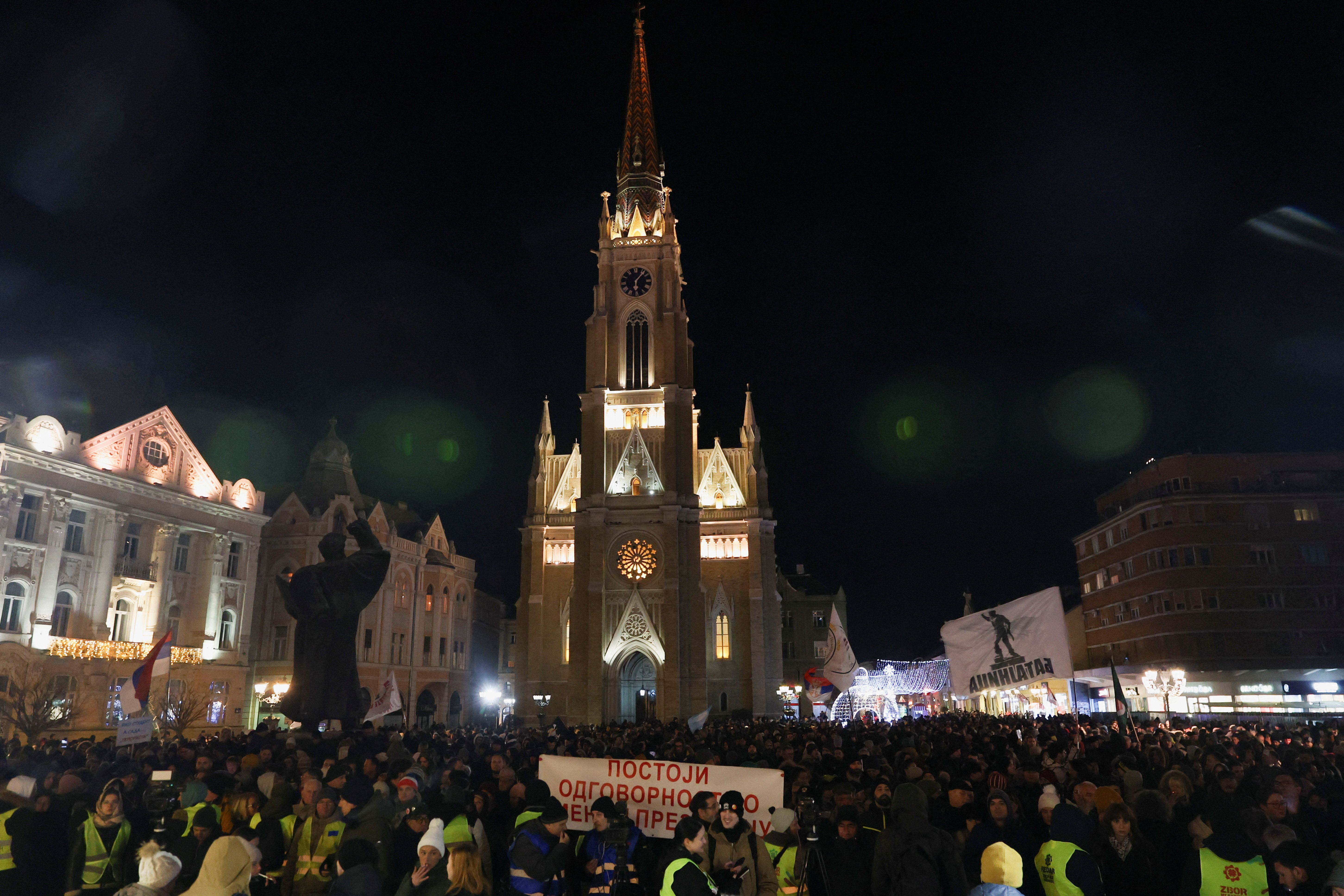 Students and other demonstrators gather for the first protest of the year, after months of rallies demanding political accountability and elections, following the deadly collapse at the city's railway station, in Novi Sad