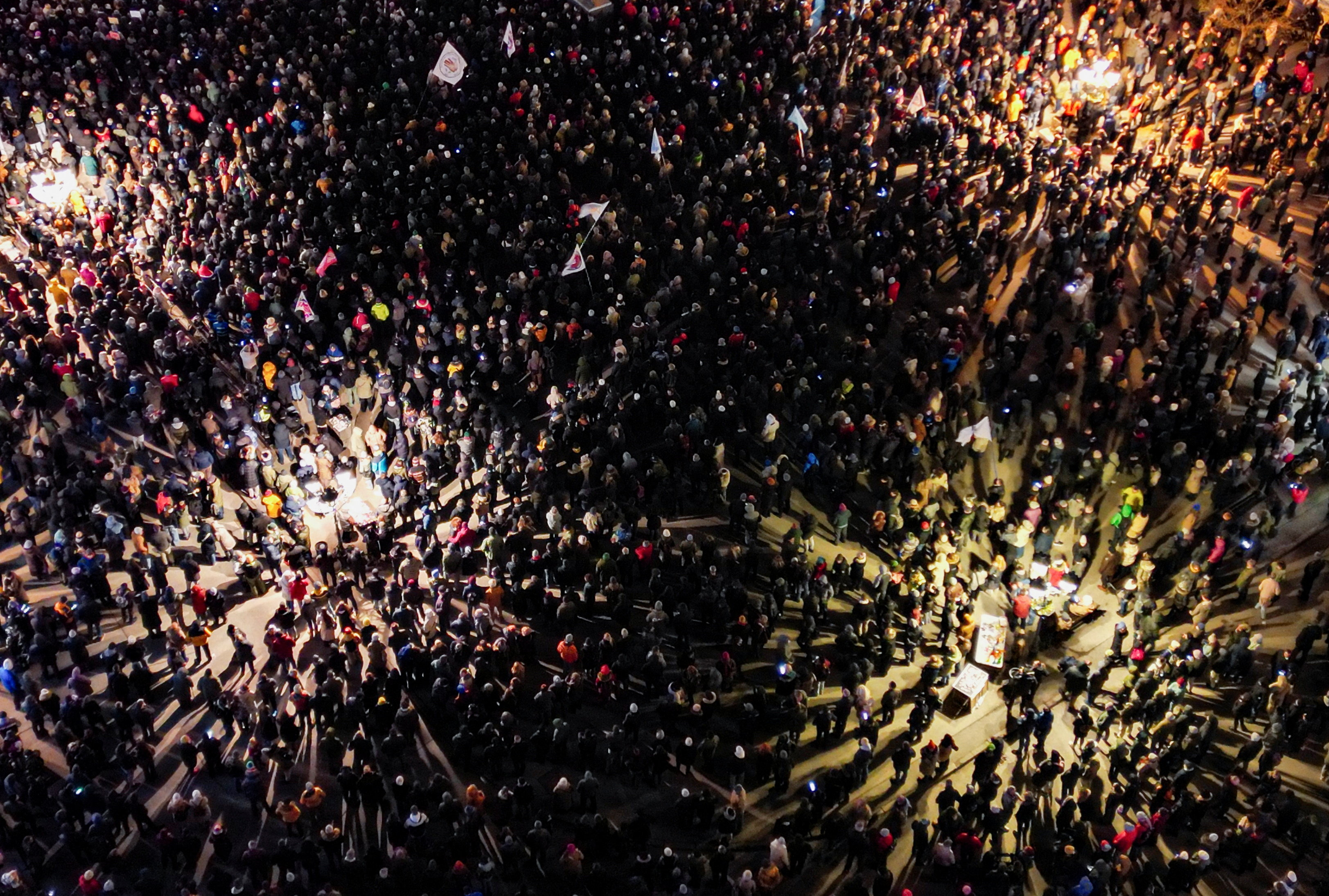 A drone view shows students and other demonstrators gathered for the first protest of the year, after months of rallies demanding political accountability and elections, following the deadly collapse at the city’s railway station, in Novi Sad