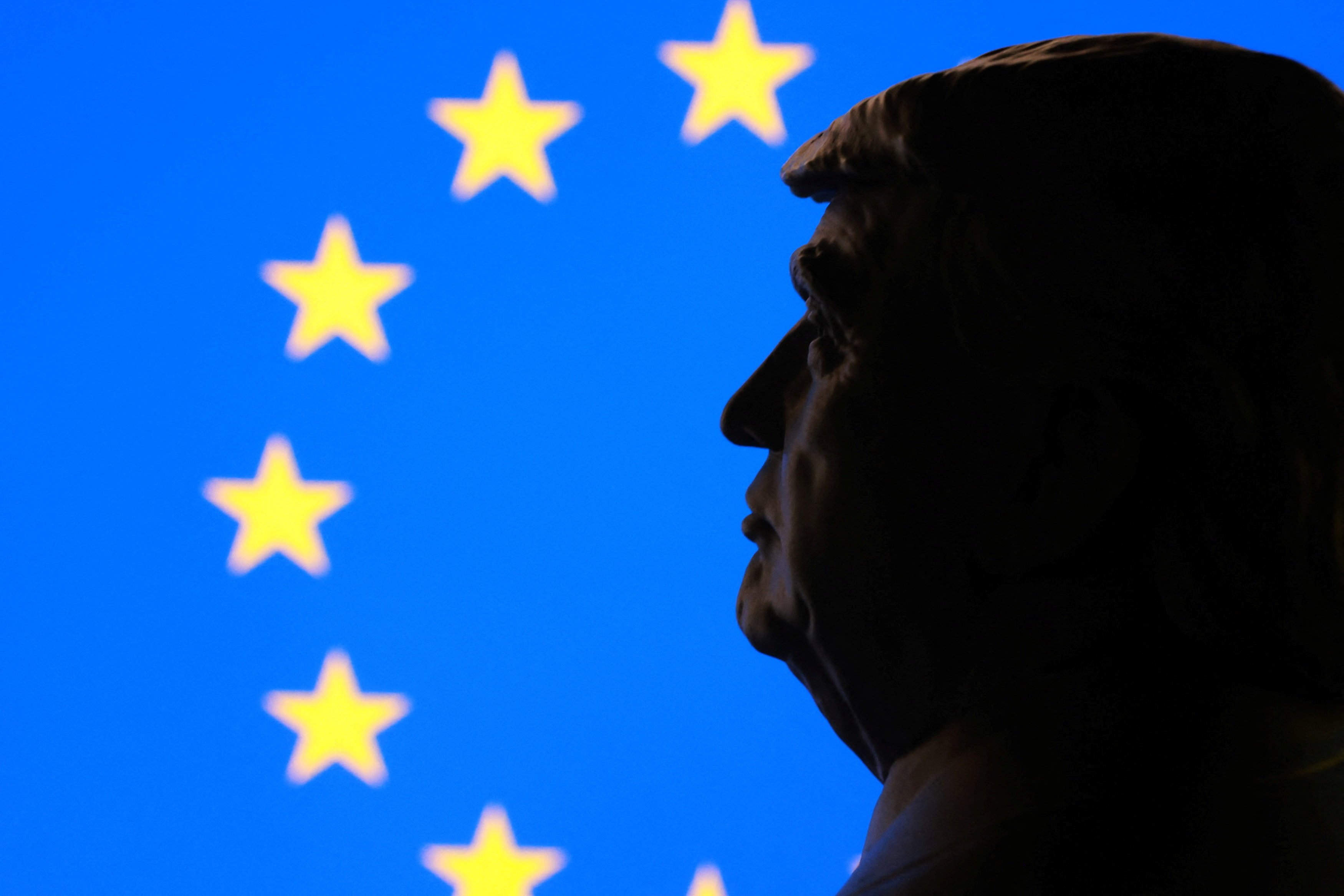 A 3D-printed miniature model of U.S. President Donald Trump, the EU flag appear in this illustration taken January 17, 2026. REUTERS/Dado Ruvic/Illustration