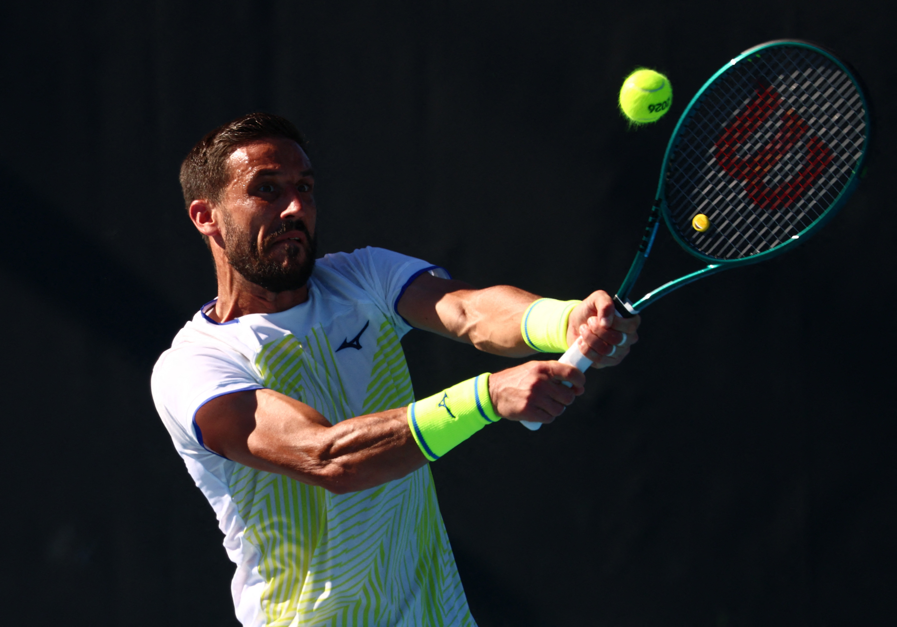 Tennis - Australian Open - Melbourne Park, Melbourne, Australia - January 18, 2026 Bosnia and Herzegovina's Damir Dzumhur in action during his first round match against Canada's Liam Draxl Džumhur