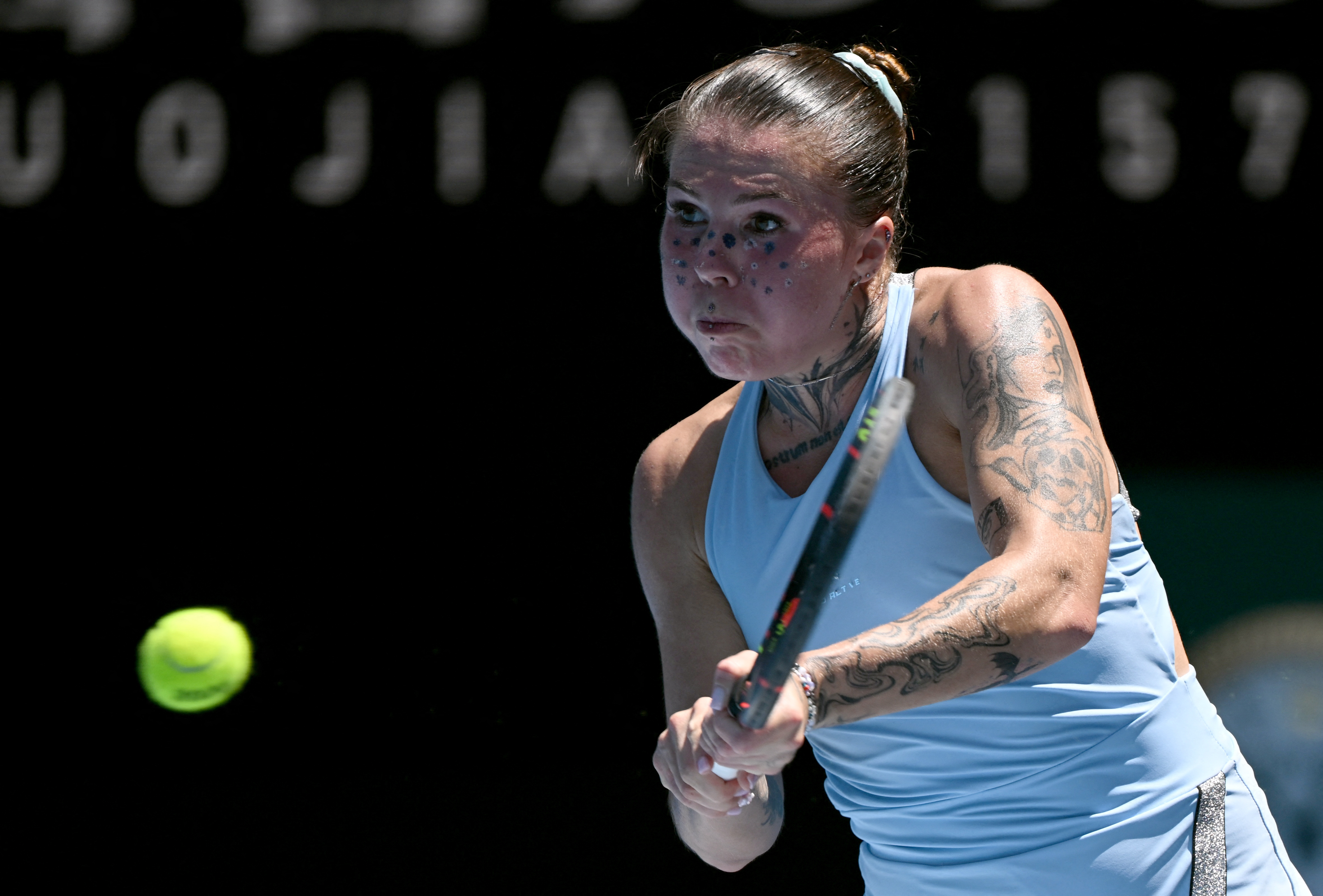 Tennis - Australian Open - Melbourne Park, Melbourne, Australia - January 20, 2026 Ukraine's Oleksandra Oliynykova in action during her first round match against Madison Keys of the U.S. REUTERS/Jaimi Joy