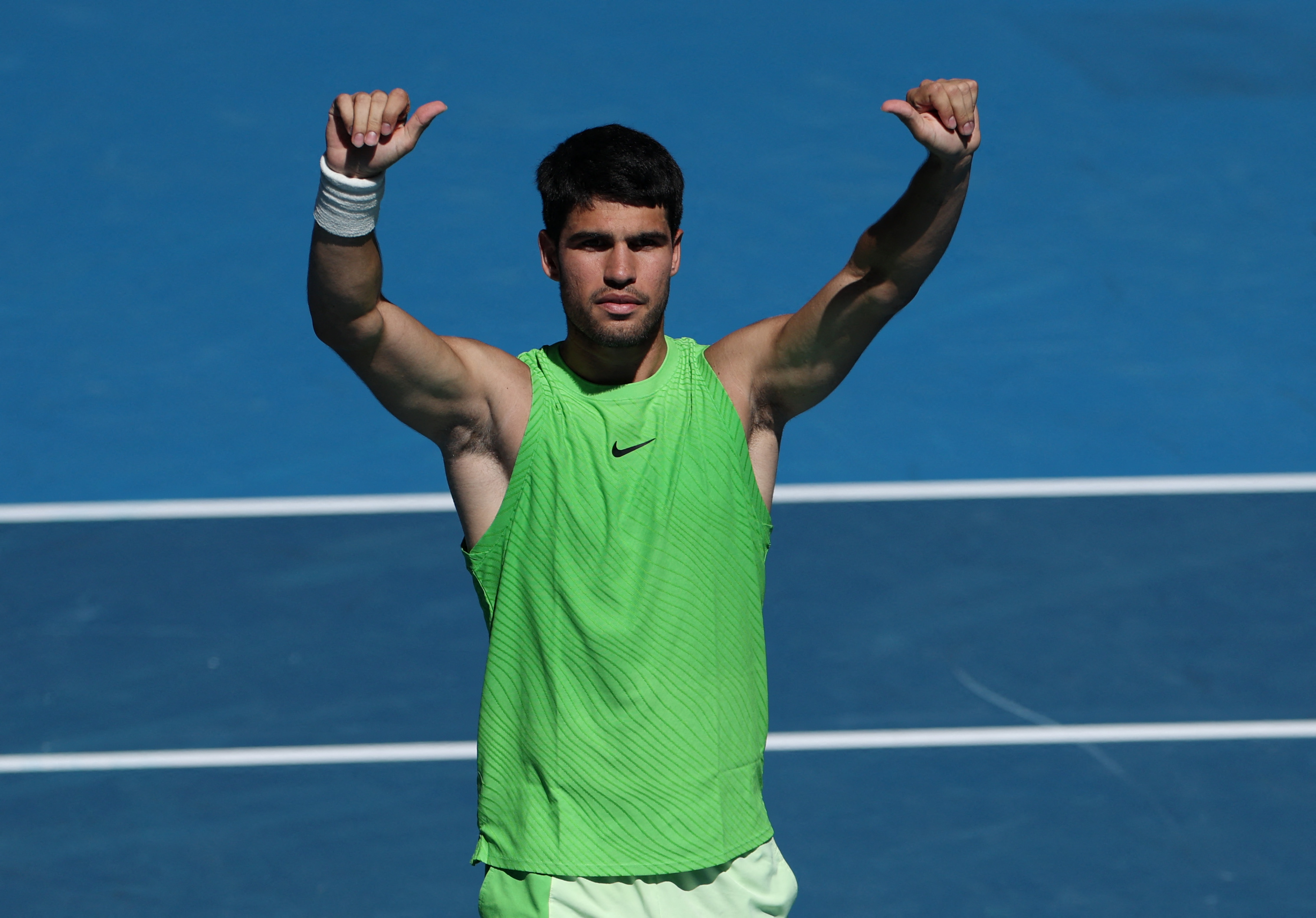 Tennis - Australian Open - Melbourne Park, Melbourne, Australia - January 23, 2026 Spain's Carlos Alcaraz celebrates winning his third round match against France's Corentin Moutet REUTERS/Edgar Su