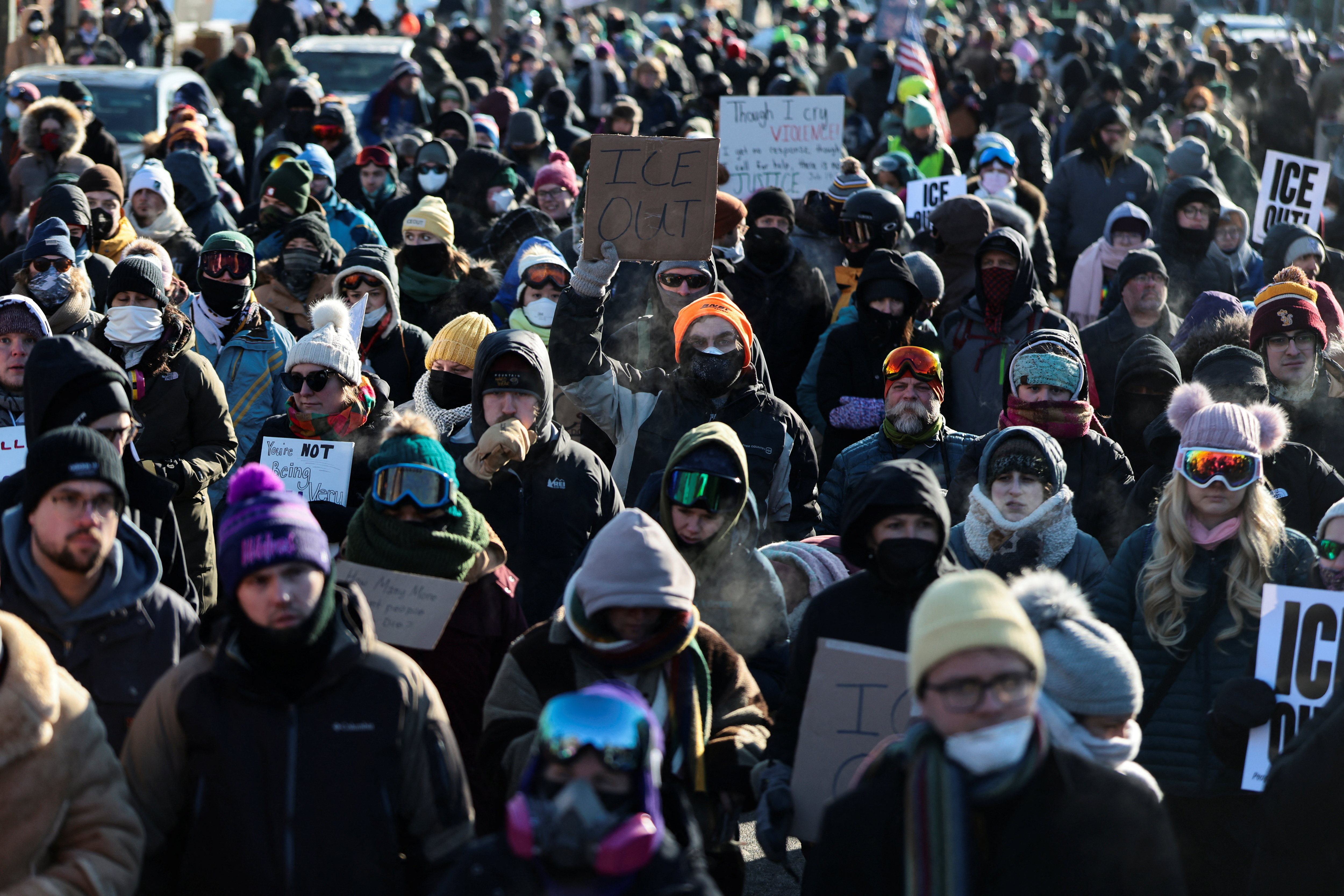 People demonstrate against the U.S. Immigration and Customs Enforcement (ICE) after federal agents fatally shot a man while trying to detain him, in Minneapolis, Minnesota, U.S., January 24, 2026. REUTERS/Evelyn Hockstein