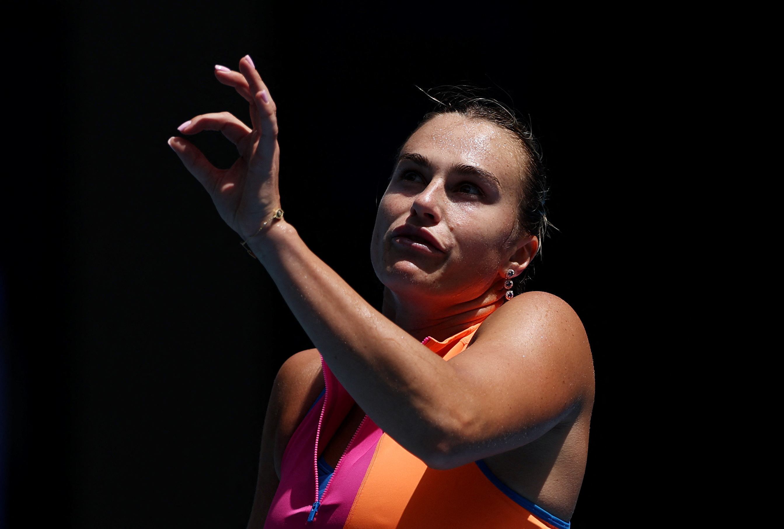 Tennis - Australian Open - Melbourne Park, Melbourne, Australia - January 25, 2026 Belarus' Aryna Sabalenka reacts during her fourth round match against Canada's Victoria Mboko REUTERS/Edgar Su