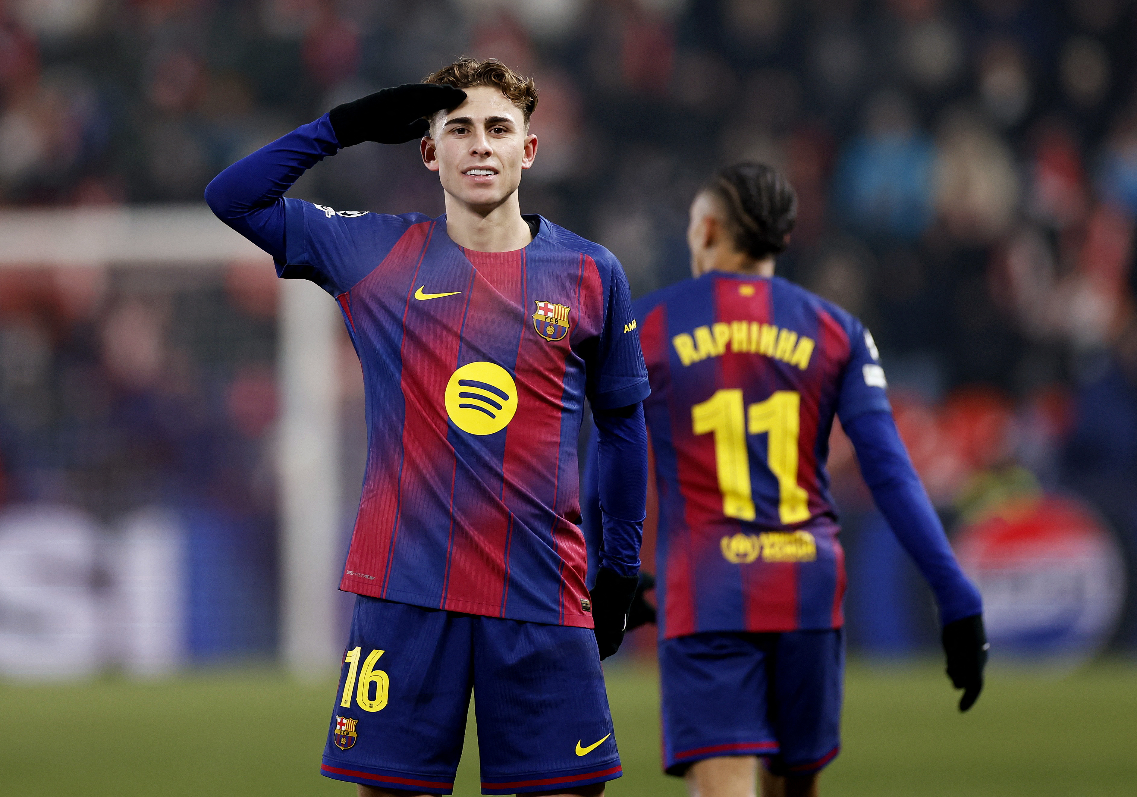 Soccer Football - UEFA Champions League - Slavia Prague v FC Barcelona - Fortuna Arena, Prague, Czech Republic - January 21, 2026 FC Barcelona's Fermin Lopez celebrates scoring their second goal REUTERS/David W Cerny
