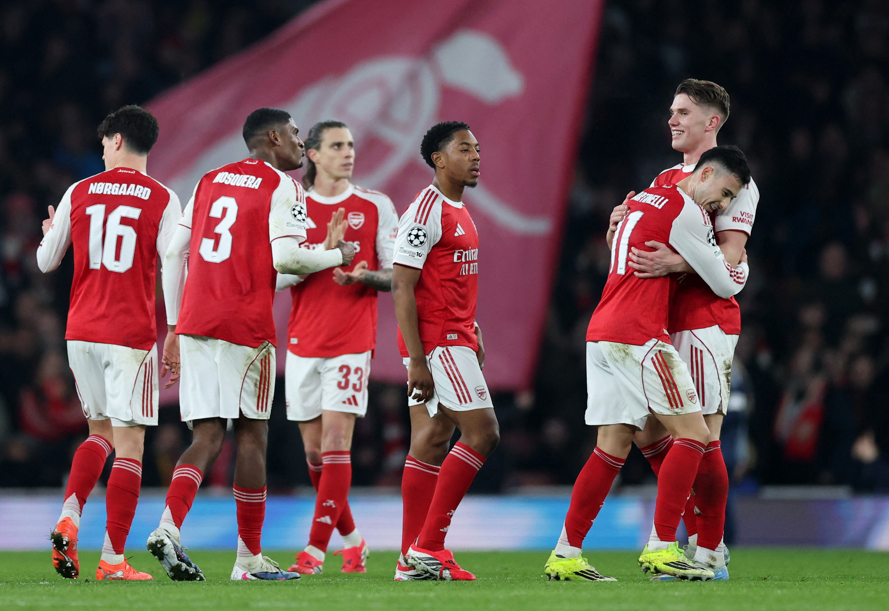Soccer Football - UEFA Champions League - Arsenal v Kairat - Emirates Stadium, London, Britain - January 28, 2026 Arsenal's Gabriel Martinelli celebrates scoring their third goal with teammates REUTERS/Hannah Mckay