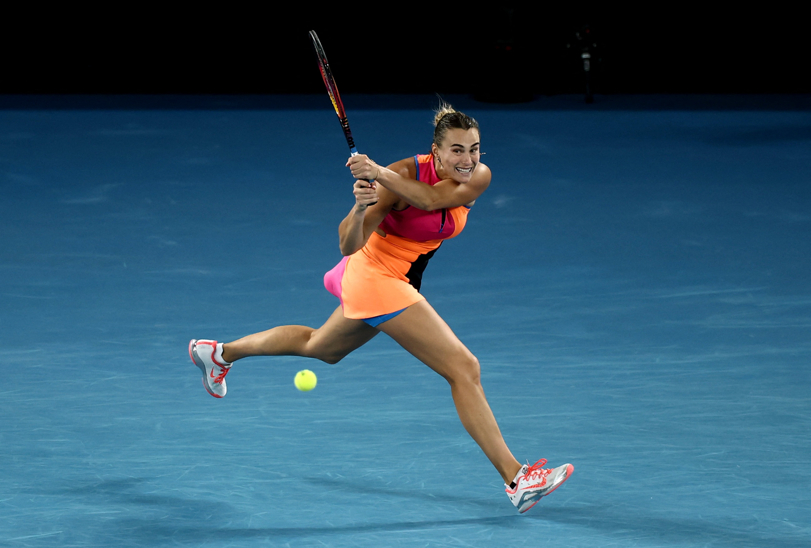 Tennis - Australian Open - Melbourne Park, Melbourne, Australia - January 29, 2026 Belarus' Aryna Sabalenka in action during her semi final match against Ukraine's Elina Svitolina REUTERS/Tingshu Wang