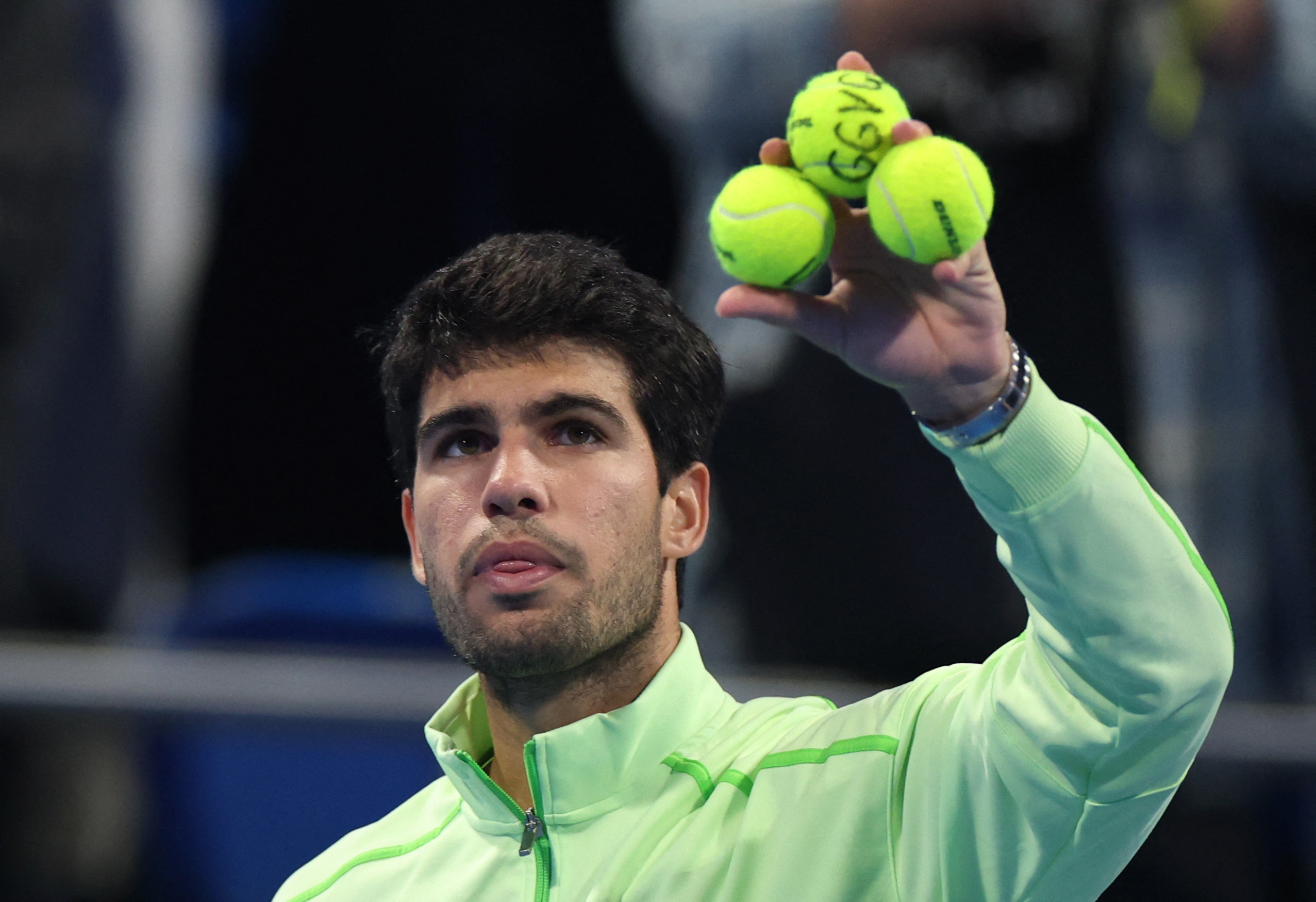 Tennis - Qatar Open - Khalifa International Tennis and Squash complex, Doha, Qatar - February 19, 2026 Spain's Carlos Alcaraz celebrates after winning his quarterfinal match against Russia's Karen Khachanov REUTERS/Mohammed Salem