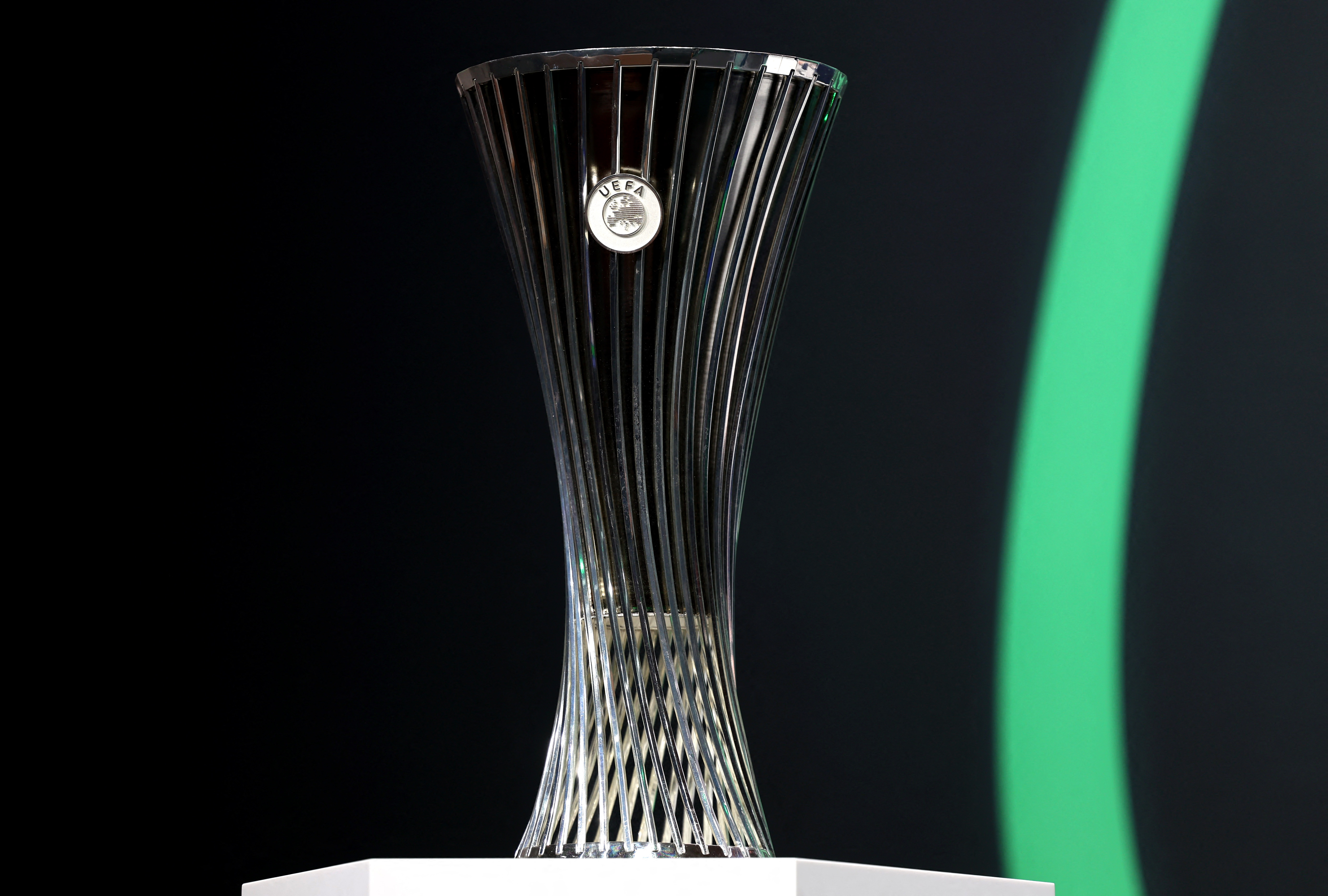 Soccer Football - UEFA Conference League - Draw for Round of 16, Quarter Finals, Semi Finals & Final - UEFA Headquarters, Nyon, Switzerland - February 27, 2026 The UEFA Conference League trophy is pictured before the draw REUTERS/Pierre Albouy