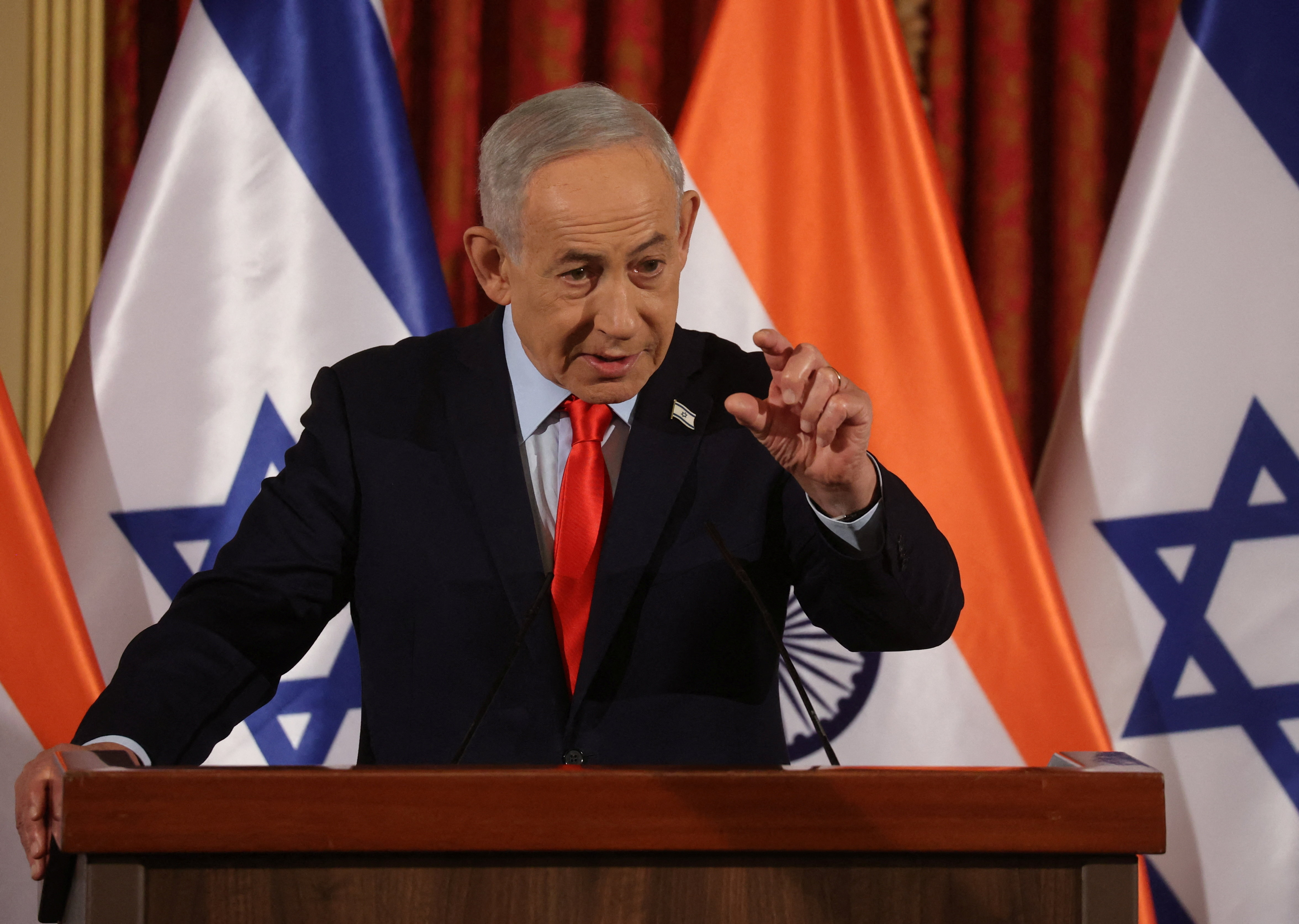 Israel's Prime Minister Benjamin Netanyahu gestures during a press conference with India's Prime Minister Narendra Modi (not pictured) in Jerusalem on February 26, 2026.   GIL COHEN-MAGEN/Pool via REUTERS