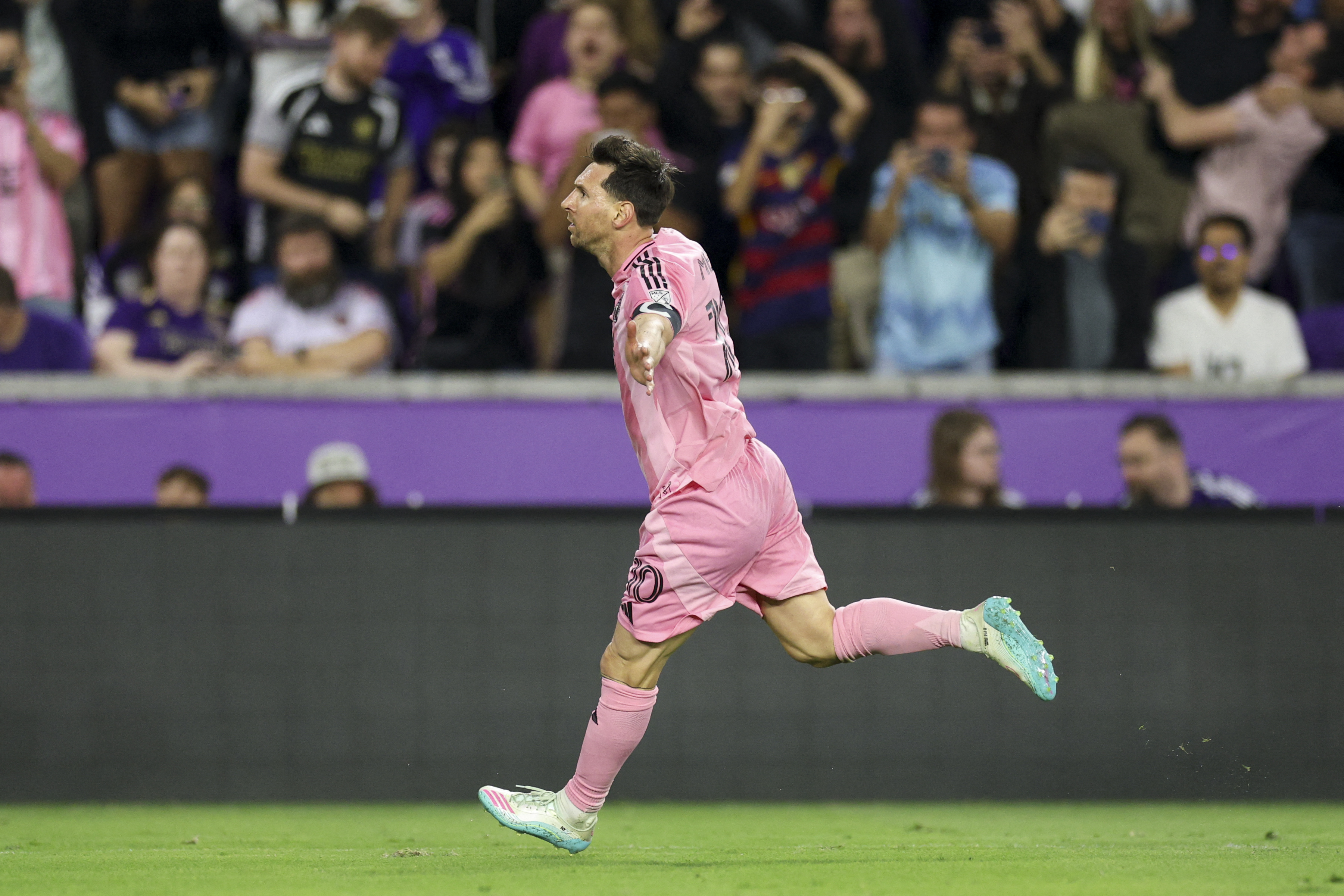 Mar 1, 2026; Orlando, Florida, USA; Inter Miami CF forward Lionel Messi (10) reacts after scoring a goal against Orlando City in the second half at Inter&Co Stadium. Mandatory Credit: Nathan Ray Seebeck-Imagn Images