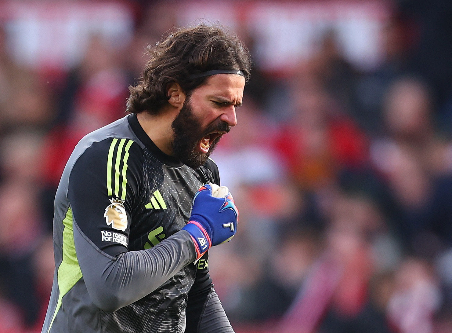 Soccer Football - Premier League - Nottingham Forest v Liverpool - The City Ground, Nottingham, Britain - February 22, 2026 Liverpool's Alisson Becker celebrates their first goal, scored by Alexis Mac Allister Action Images via Reuters/Ed Sykes EDITORIAL