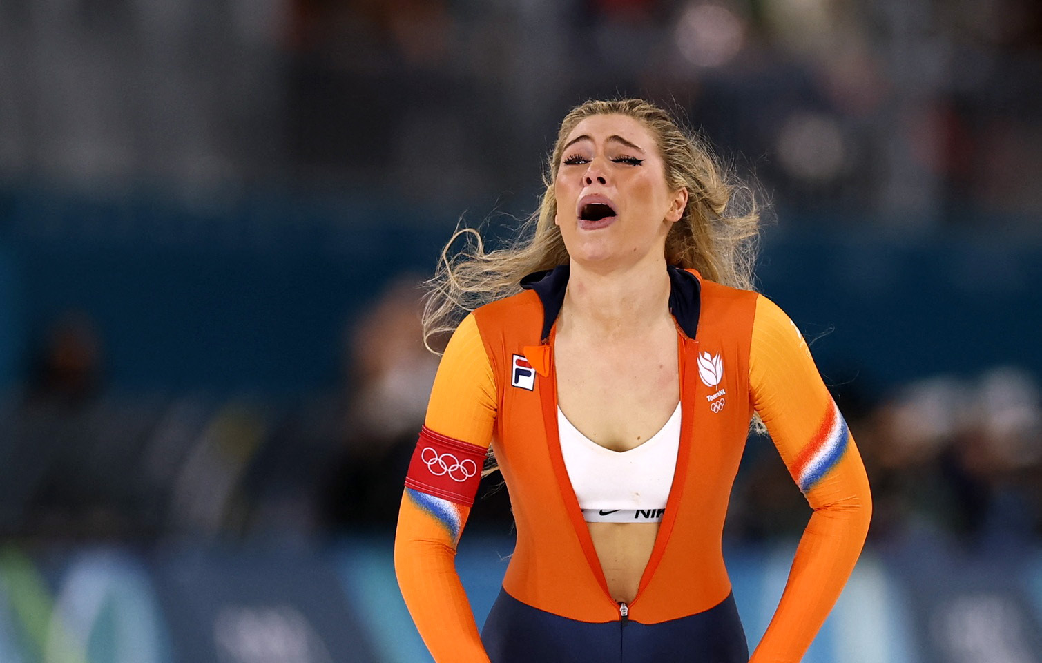 Milano Cortina 2026 Olympics - Speed Skating - Women's 1000m - Milano Speed Skating Stadium, Milan, Italy - February 09, 2026. Jutta Leerdam of Netherlands celebrates her Olympic record time and winning the women's 1000m race. REUTERS/Yves Herman