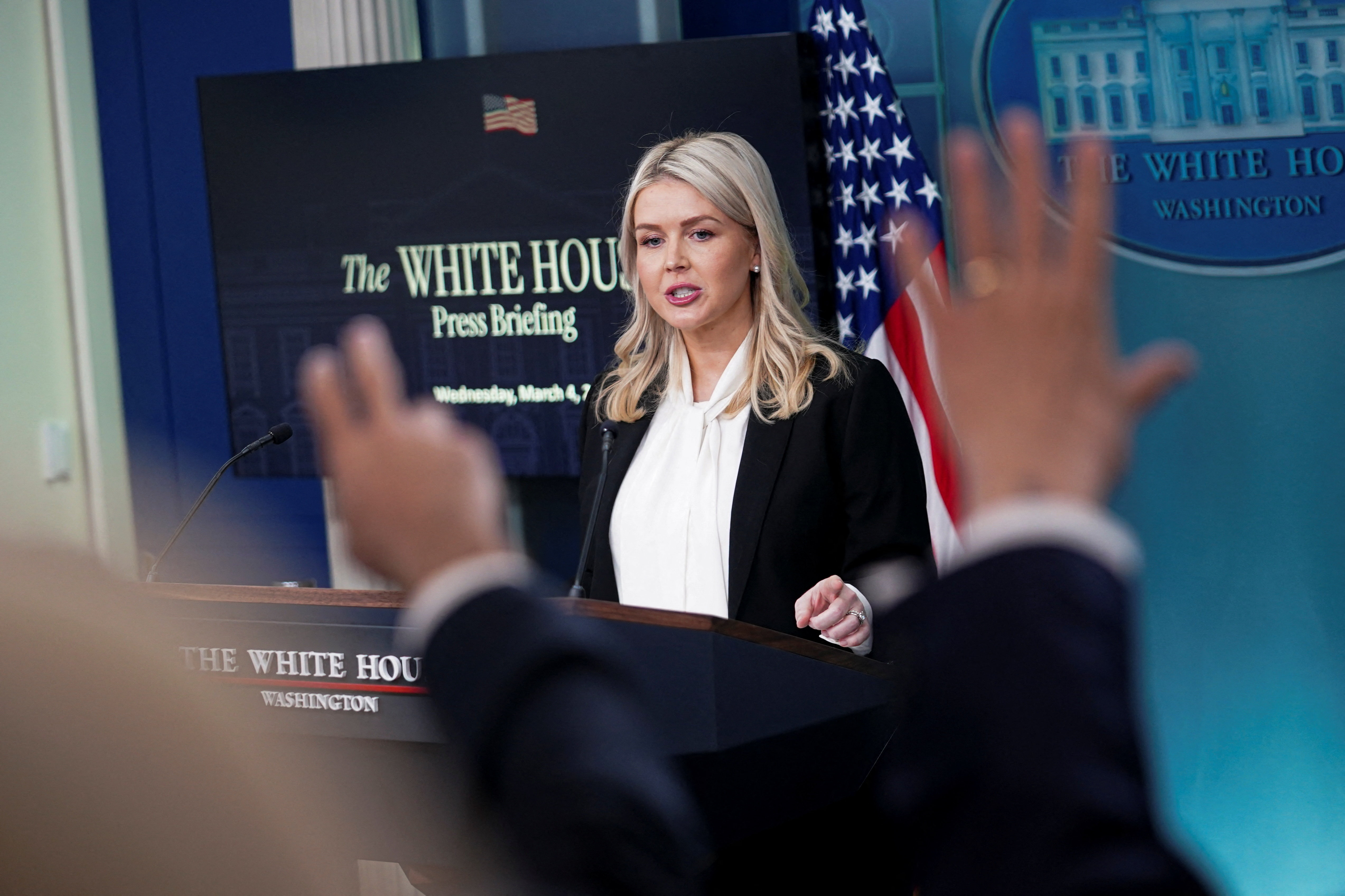 White House Press Secretary Karoline Leavitt holds a press briefing at the White House in Washington, D.C., U.S., March 4, 2026. REUTERS/Nathan Howard